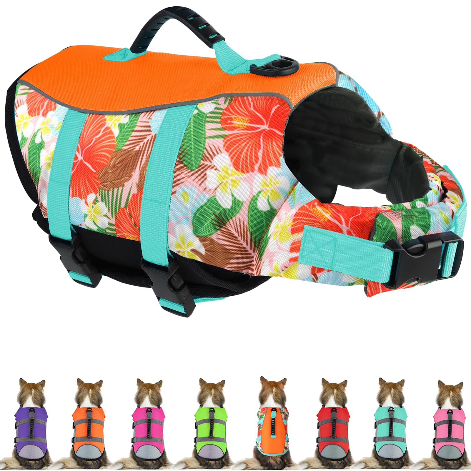 Mklhgty Hawaiian Dog Life Jacket - Adjustable Ripstop Vest with Rescue Handle for Swimming Boating, High-Flotation Safety Device for Small Medium