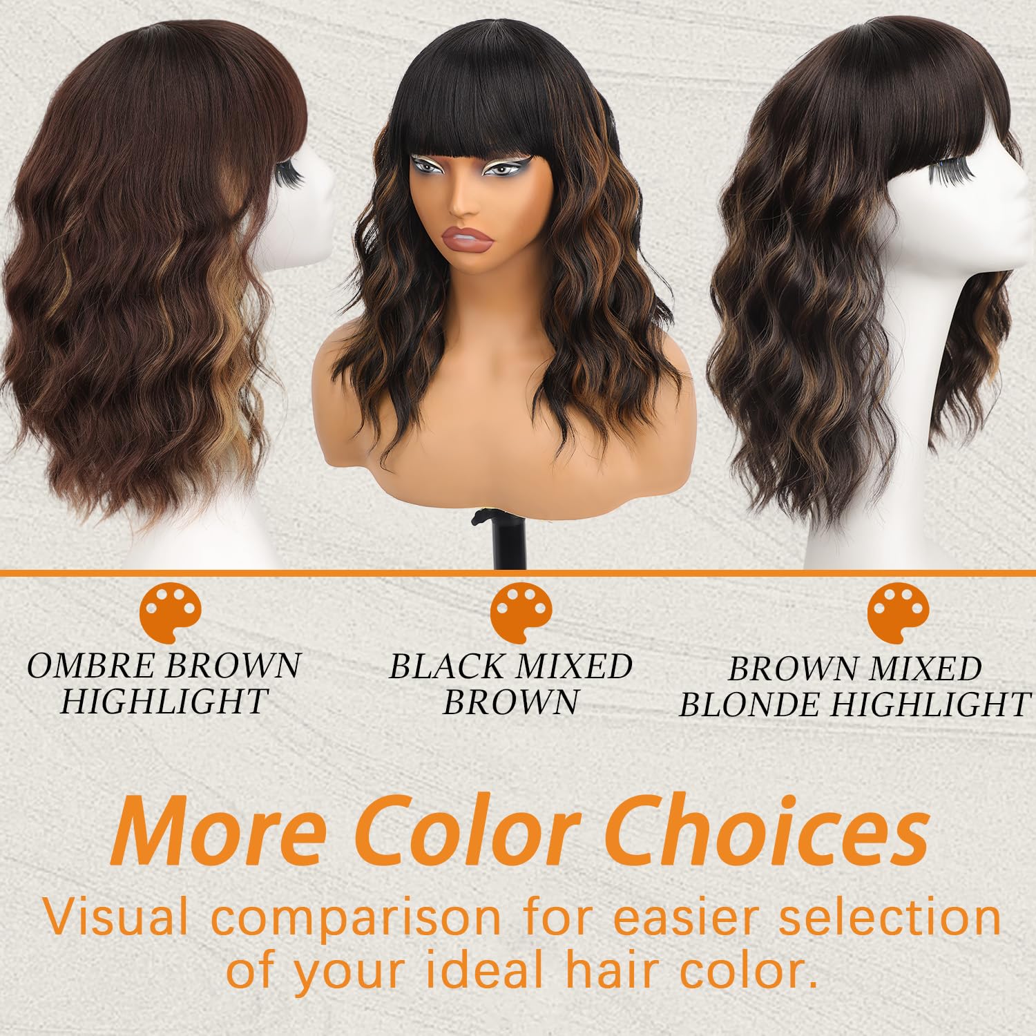 Nnzes Wig with Bangs for Women Shoulder Length Bob Wavy Women's Charming Synthetic Brown mixed Blonde Highlight Wigs with Natural Curly Heat Resistant Hair for Daily Party Use