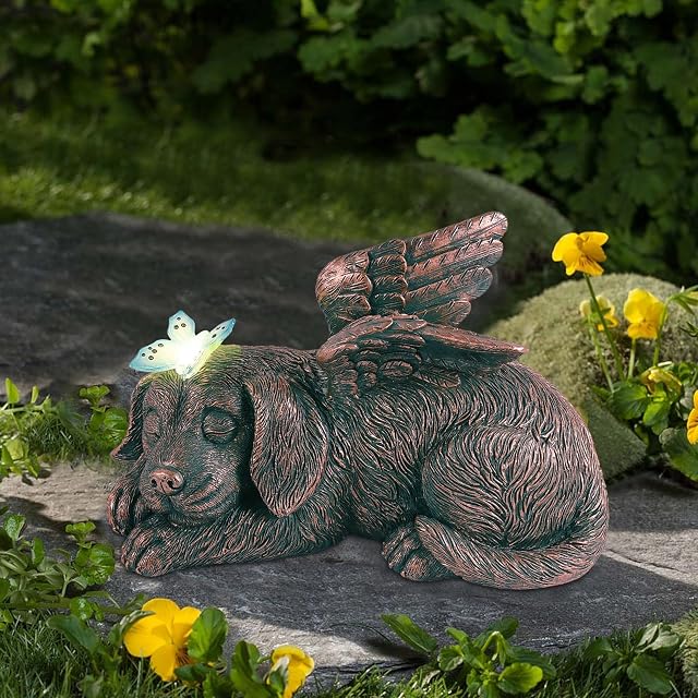 Goodeco Dog Angel with Glowing Butterfly Memorial Pet Statue Garden Decor,Sleeping Puppy Solar Light Ornament Pet Grave Marker Tribute Statue Memorial Ornament Gifts for Home,Patio,Yard Decor, Copper