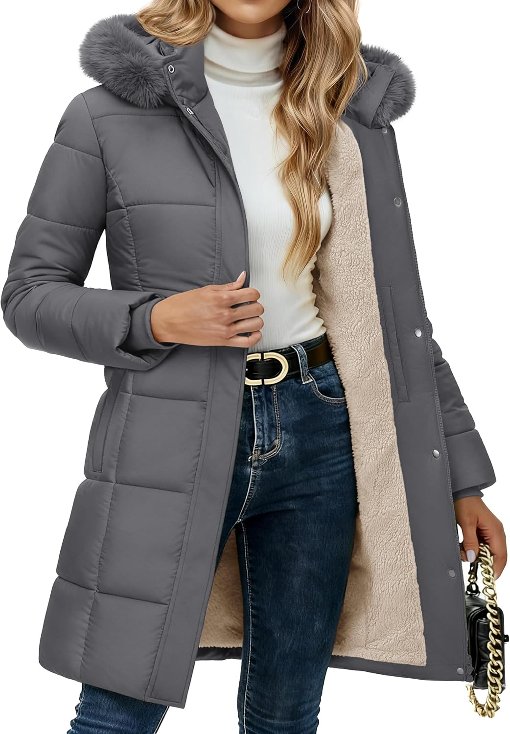 YUCOLEN Long Winter Coats for Women Fleece Lined Sherpa Puffer Jackets with Hood Pockets Zip Warm Thicken Parka Coat