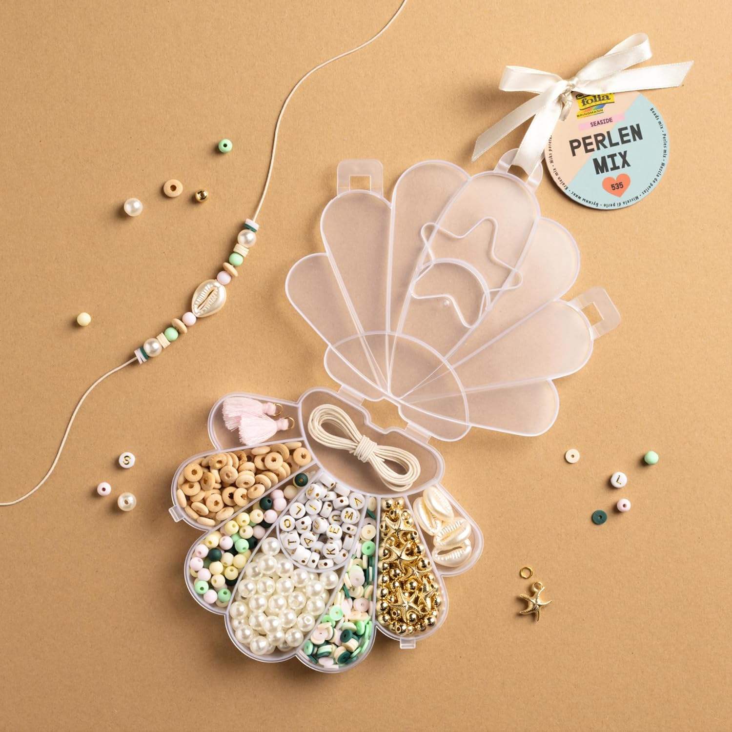 folia 32020 Seaside Beads Mix 535 Pieces in Various Shapes and Colours, Includes 2.2 m Elastic Band for Threading and Storage Box