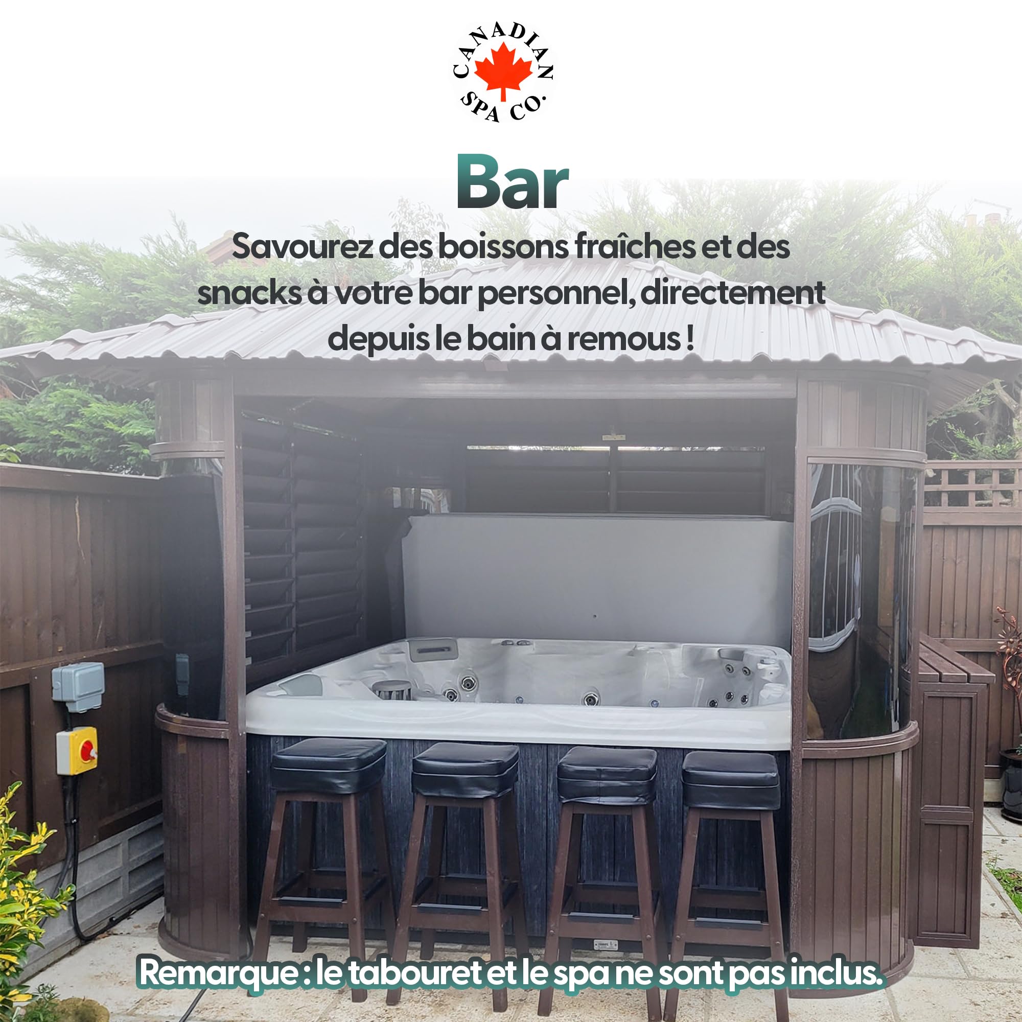 CANADIAN SPA CO. Pavillon de Piscine autoportant Fraser en Brun, pavillon de Bain Tourbillon avec Bar, fenêtre à persiennes et puits de lumière.