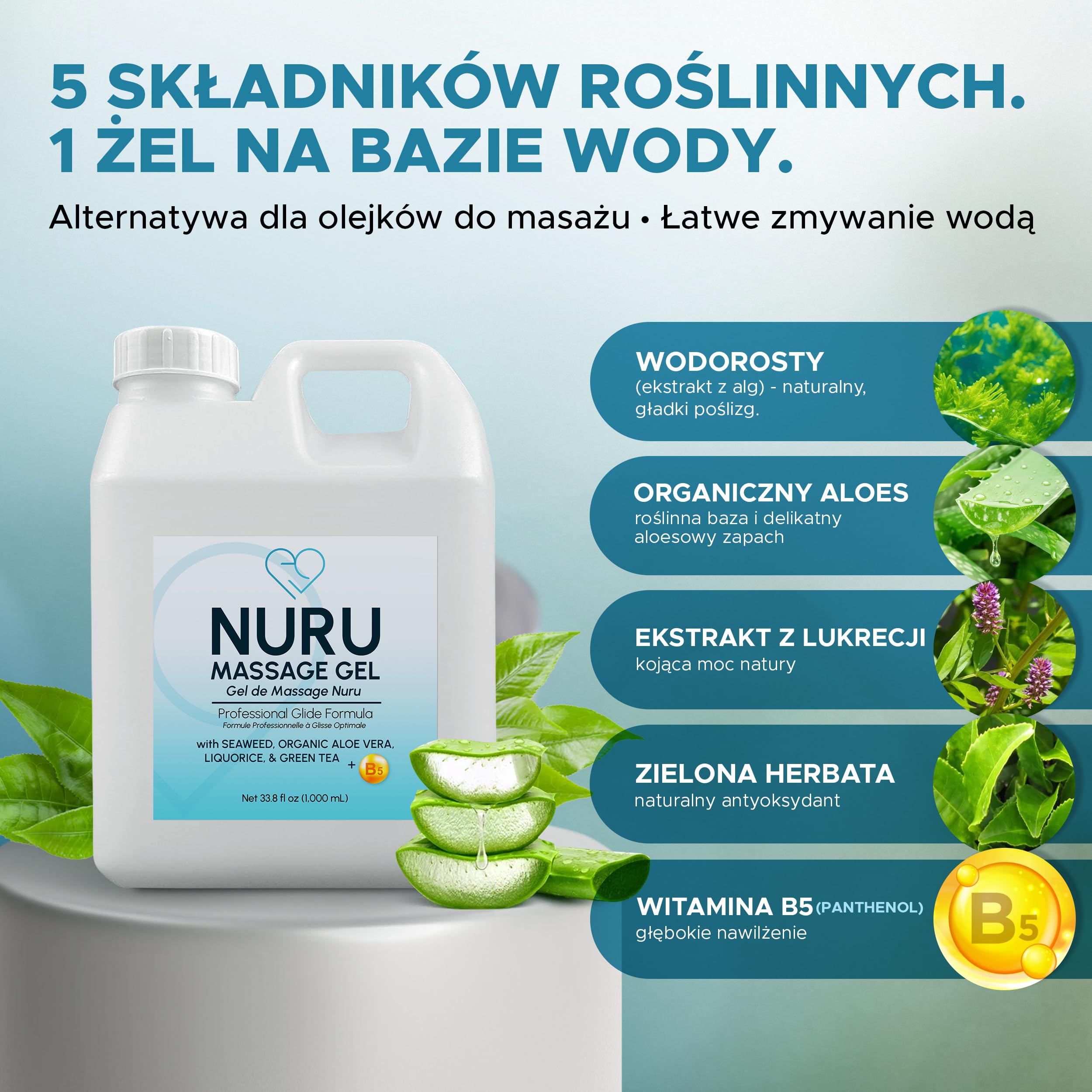 Żel do masażu Nuru 1000 ml, prostokątny, aloes i wodorosty, na bazie wody