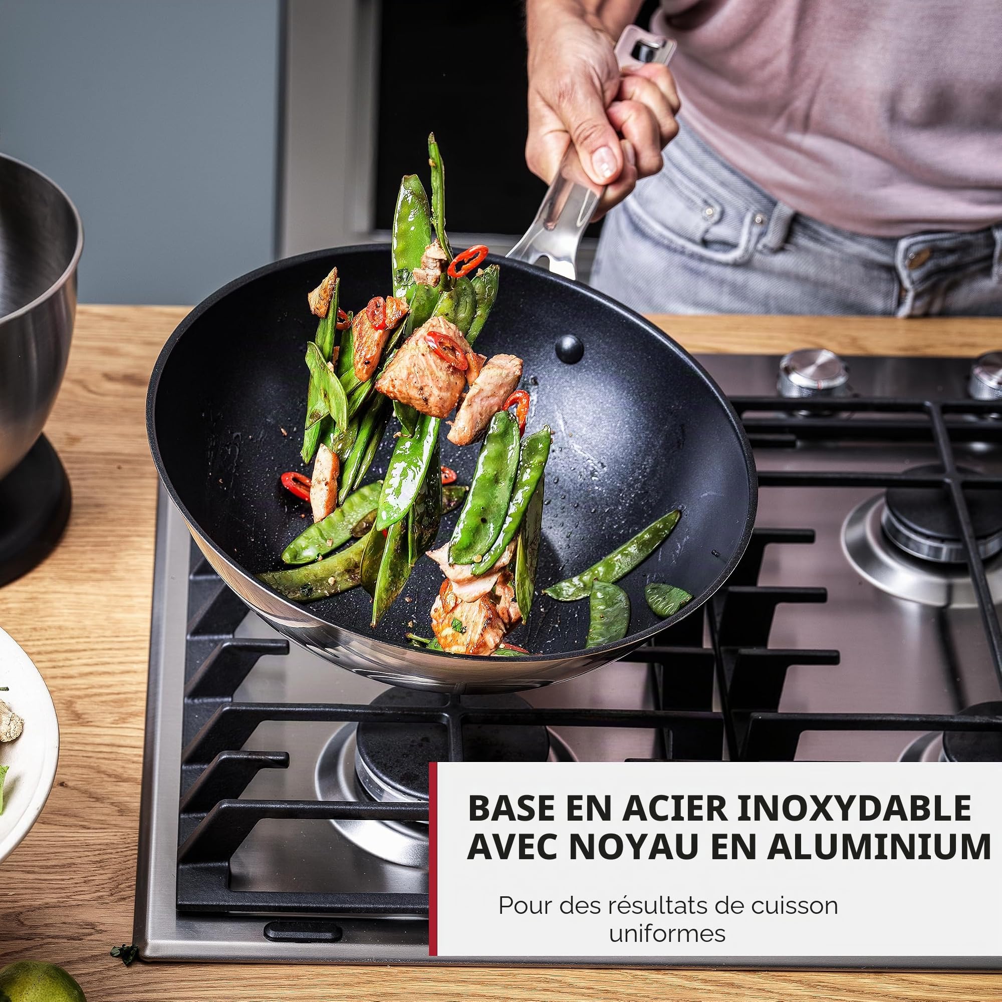 KitchenAid Stainless Steel Wok en acier inoxydable antiadhésif en céramique sans PFAS de 28 cm/3,6 litres, pour induction, four et lave-vaisselle, argenté