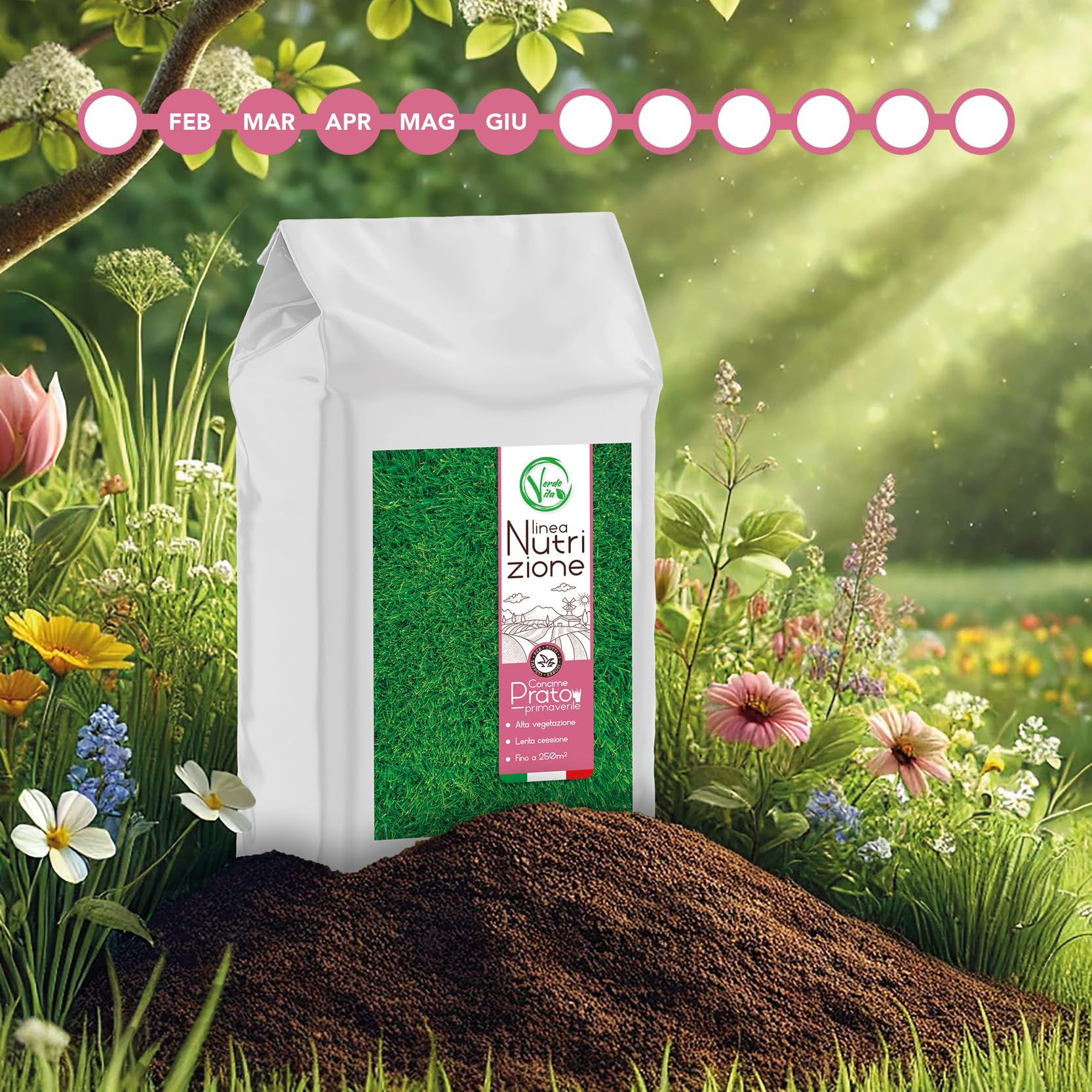 VerdeVita Concime Prato Primavera, Fertilizzante Antimuschio e per Nutrizione, Colore Verde Intenso, Made in Italy, Compatibile con Robot Rasaerba (250m²)