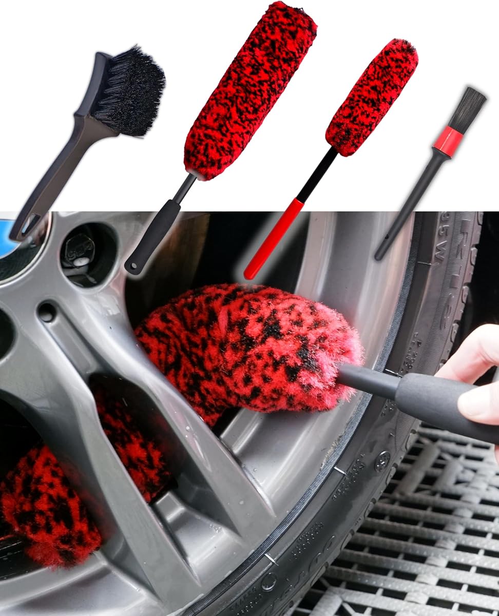 oesee Professional 4 Pack Long Handle Wheel Brush Kit for Cleaning Wheel and Tire- 2X Soft Wheel Cleaning Brush, Detailing Brush and Stiff Tire Brush, Bendable& Durable Wheel Rim Cleaner Brush Set : Automotive