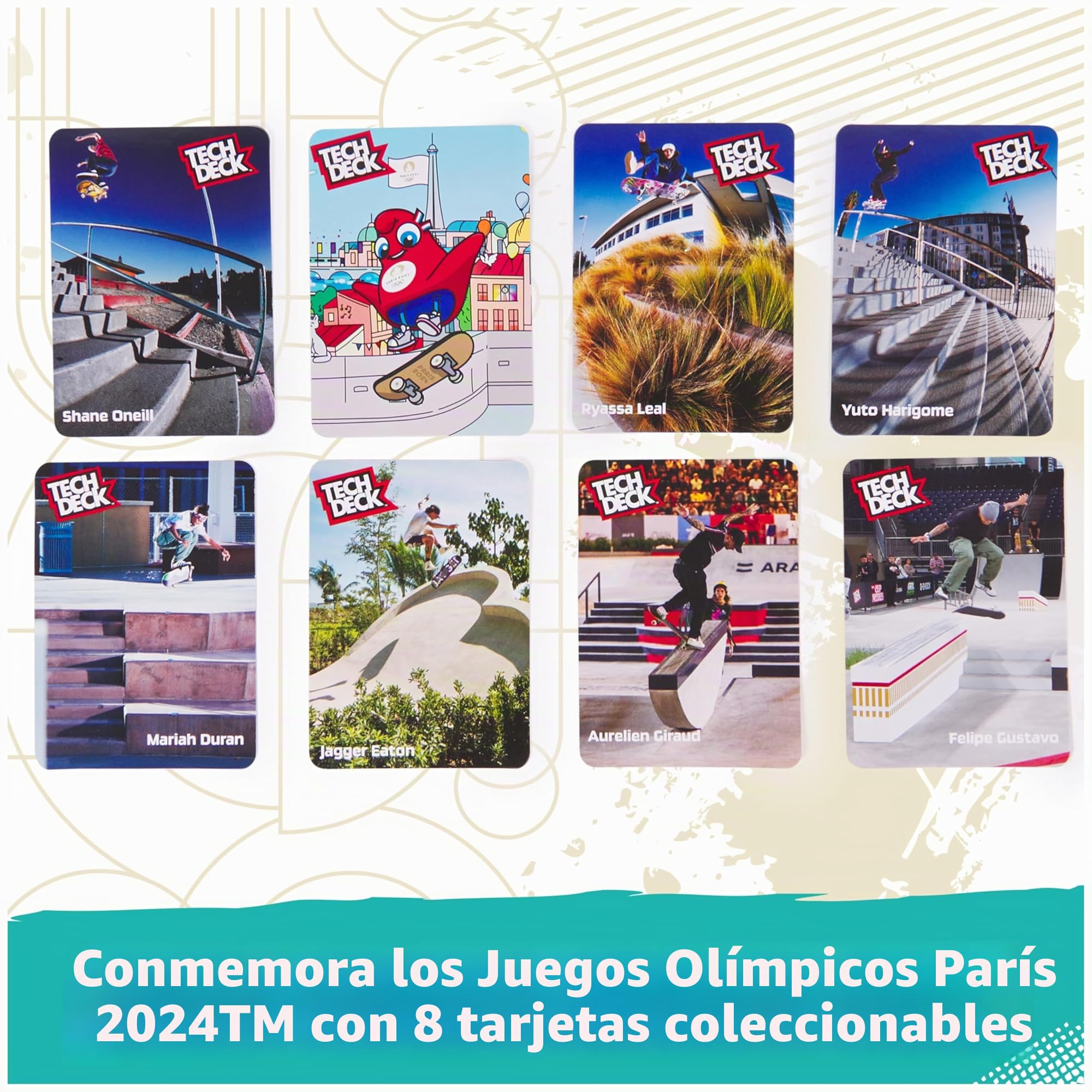 Tech Deck Competition Legends - Juego de 8 monopatines de Skate olímpicos auténticos de París 2024, 8 Soportes de Tabla Individuales, 8 Tarjetas de Atleta a Partir de 6 años
