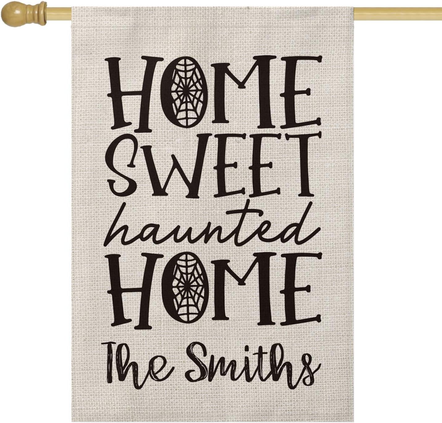 SMILE Personalized Halloween Home Sweet Home House Flag, Haunted Customized Family Last Name, Double Sided 28 x 40 Inch Rustic Farmhouse Burlap Yard Outdoor Decoration
