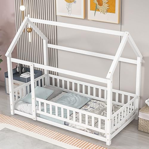 Miniatura 3 de Cama de casa de tamaño individual con barandilla, cama Montessori de madera maciza para niños, dormitorio de niñas, fácil montaje, no necesita