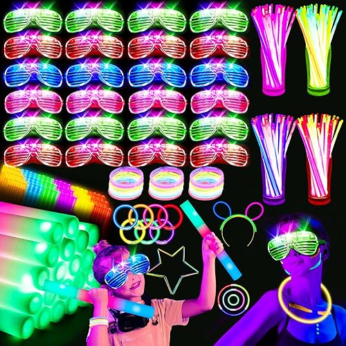 248 PCS Glow Party Supplies,New Year Party Favors 24PCS Foam Glow Sticks, 24PCS LED Glasses and 200PCS Glow Sticks Bracelets, Neon Party Favors for