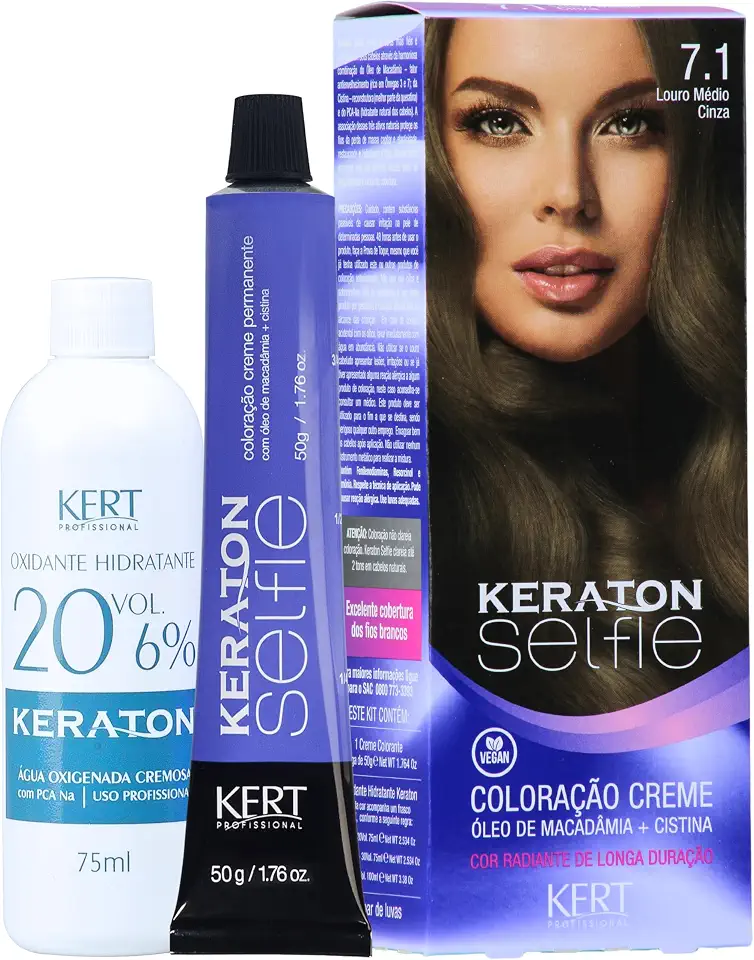 Keraton Coloração Permanente Em Creme Para Cabelos Com Cistina E Óleo De Macadâmia Selfie 50G Nº 7.1 Louro Médio Cinza