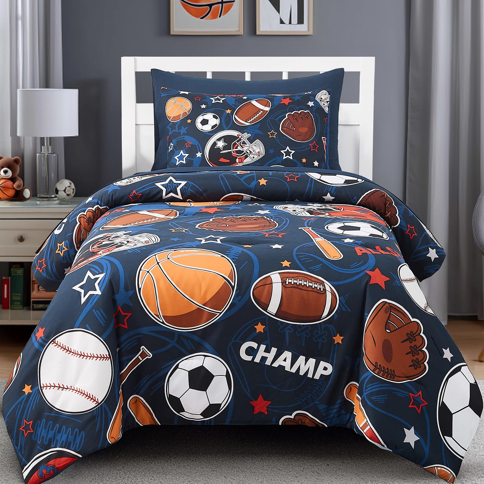 Wink Deer Twin Comforter Set for Boys-5 Pieces Sports Ball Games Glow in the Dark Twin Bedding Sets for Kids, Ultra Soft Bed in A Bag with Sheets