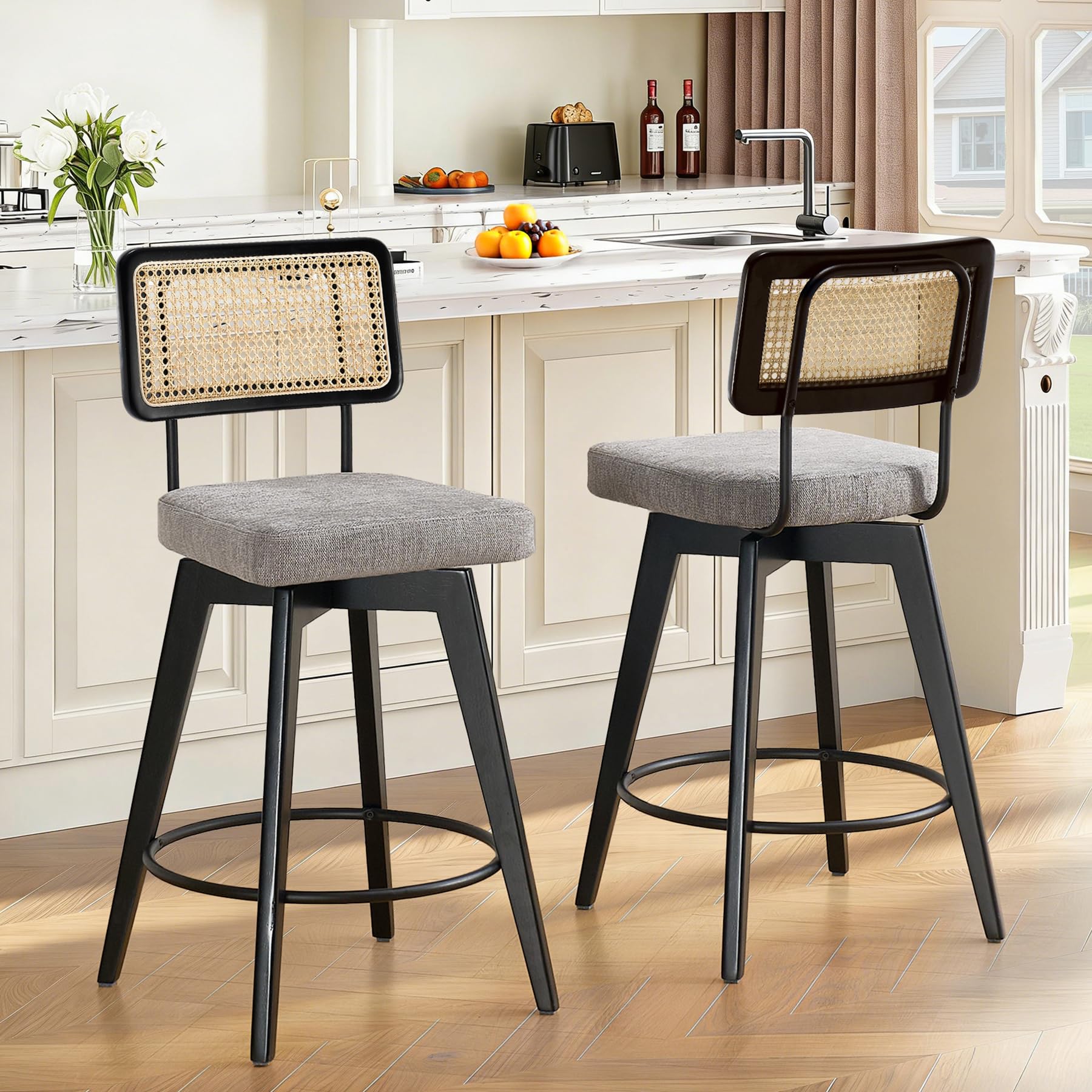 Scingu 26” Natural Rattan Bar Stools, Swivel Solid Wood Counter Stool Set of 2, Upholstered Armless Bar Chairs with Wooden Legs for Kitchen Island,