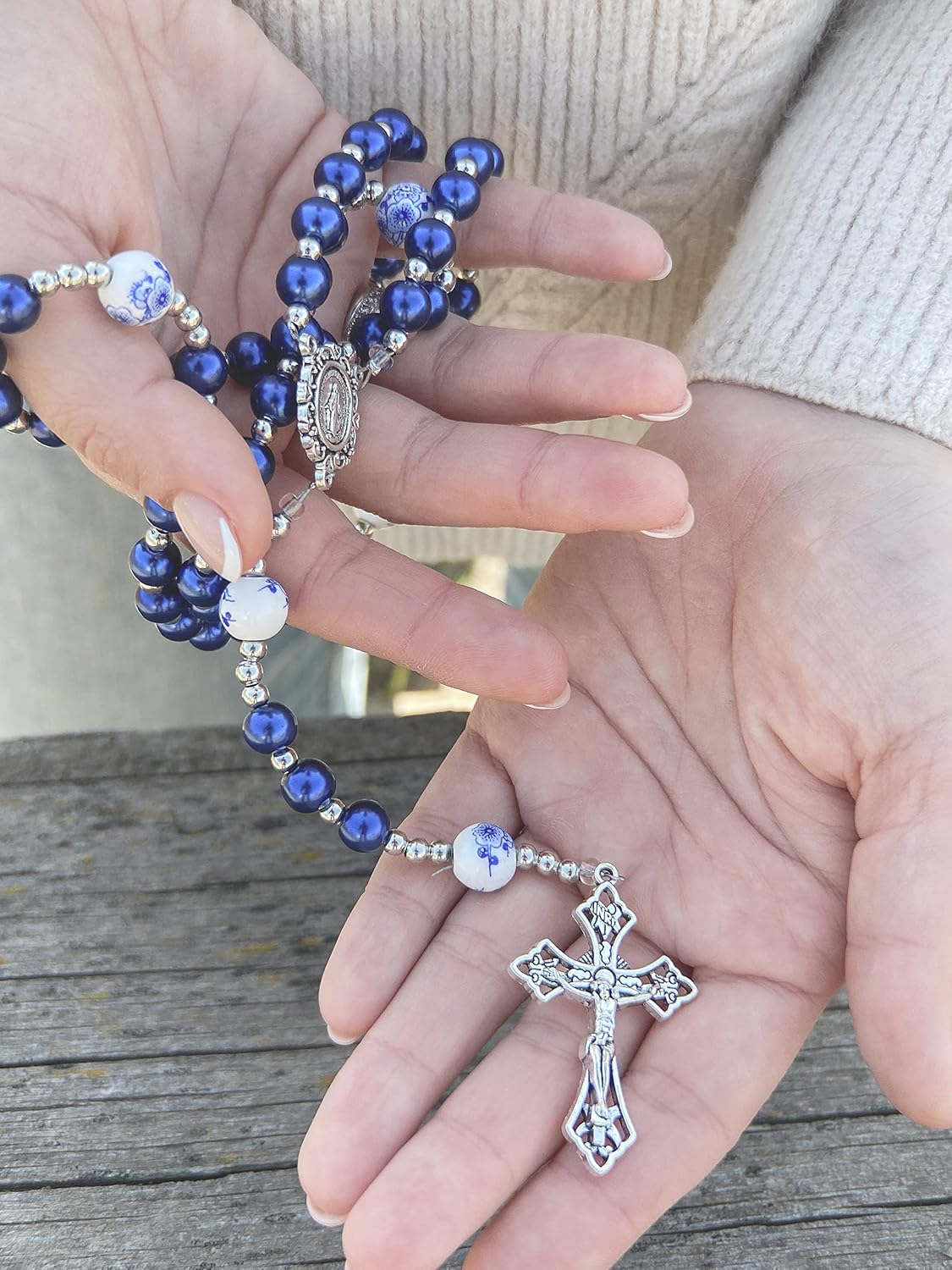 Nazareth Store Pearl Beads Rosary with Ceramic Mystery Beads Prayer Miraculous Medal & Silver Jesus Crucifix - Image 7
