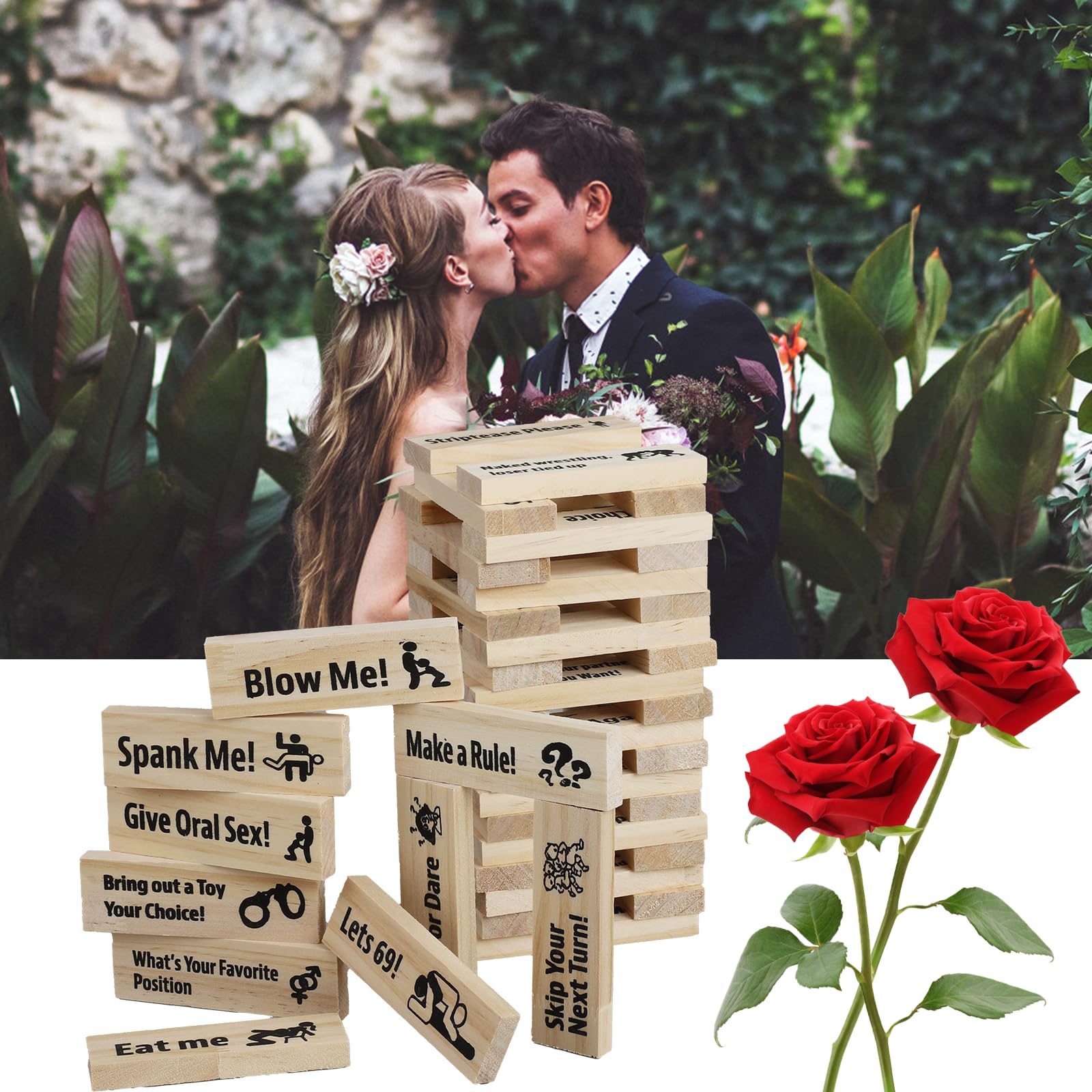 ZoeWei Couples Games, 48pcs Wooden Stacking Tower Game for Adults, Naughty Date Night Games for 2 Players, Intimacy Building Game for Valentine, Party or Travel
