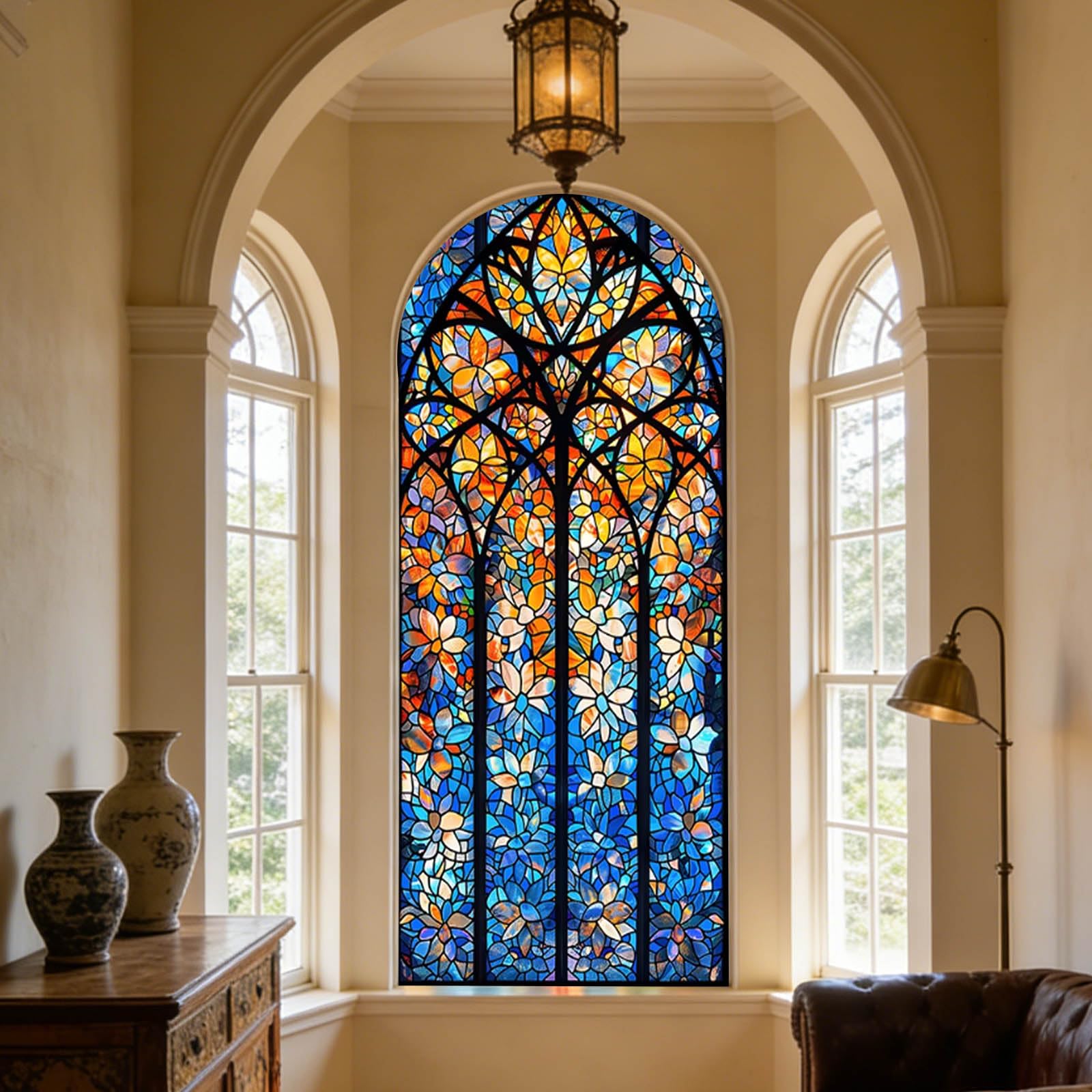 Ornamente Fensterfolie im Kirchen-Buntglas Look – Blumen-Mosaik Motiv statische Haftung ohne Kleber abnehmbar UV-Schutz voller Sichtschutz für Heim Büro,W38,60x200cm