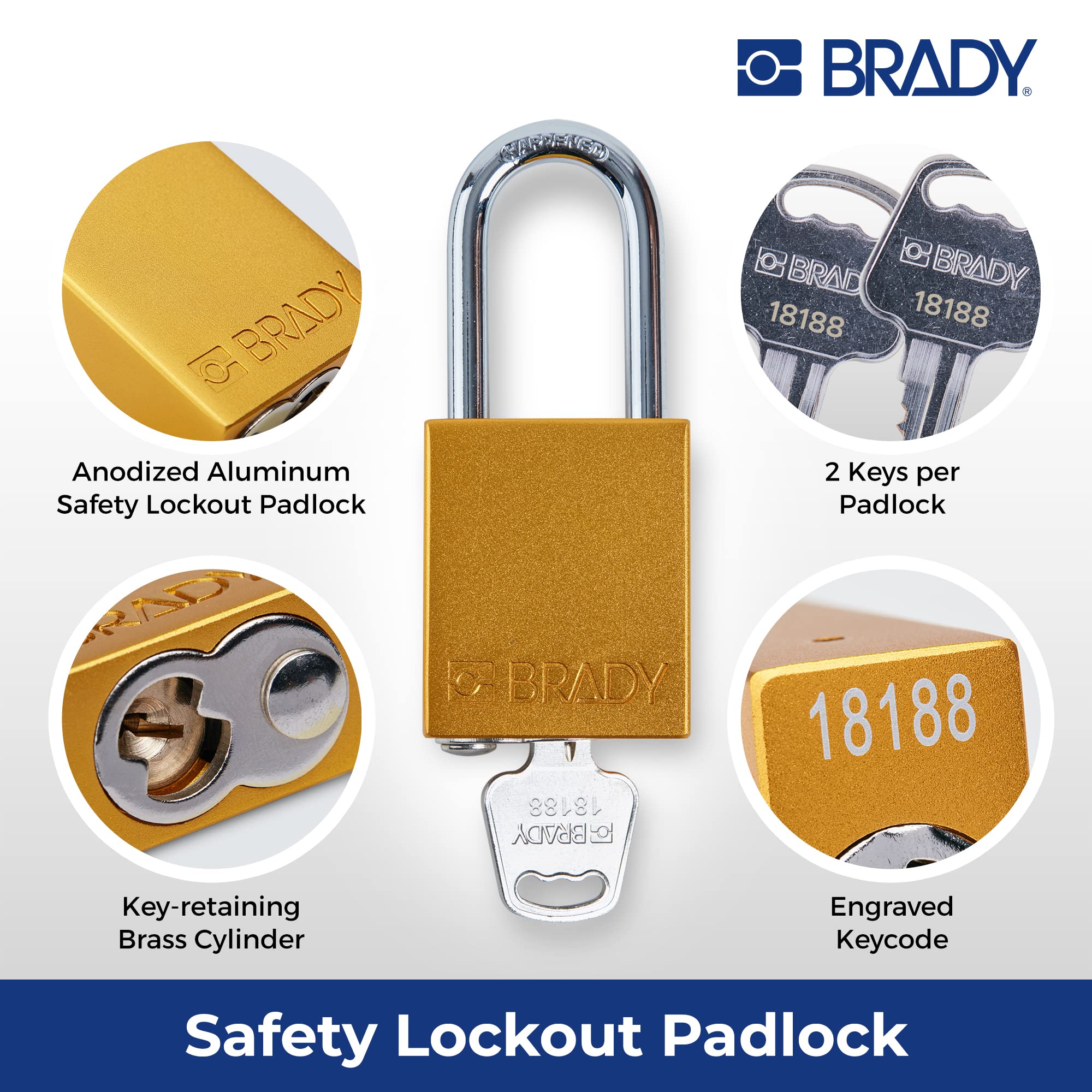 Brady SDAL-YLW-38ST-KA6 - Juego de 6 candados de bloqueo de seguridad con llave, 2 llaves por cerradura