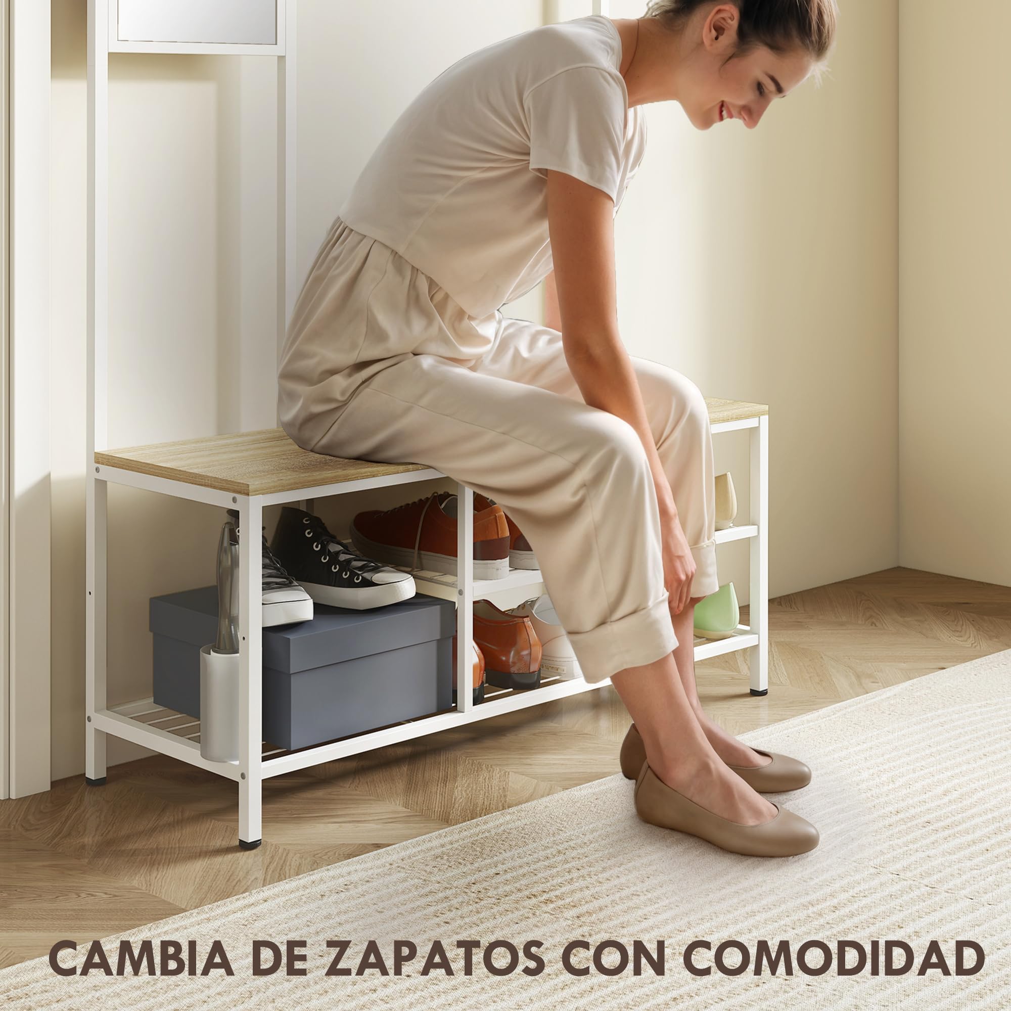 HOMCOM Perchero Zapatero con Espejo, 4 en 1, 98x34x186 cm, Madera Natural | Perchero Entrada Recibidor, 3 Estantes, Banco, 10 Ganchos Ajustables, Estilo Moderno, para Pasillo, Dormitorio, Salón