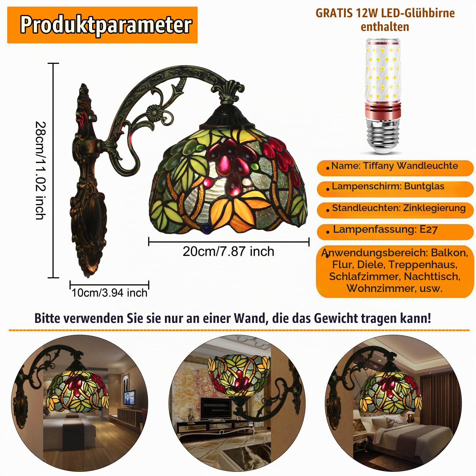 Wandleuchten, Tiffany Wand Lampe mit 8 Zoll Lampenschirm aus Buntglas und Gestell aus Metall, Wandlampen Vintage Wand Licht für Innen Wohnzimmer Korridor Treppen Flur, Grape