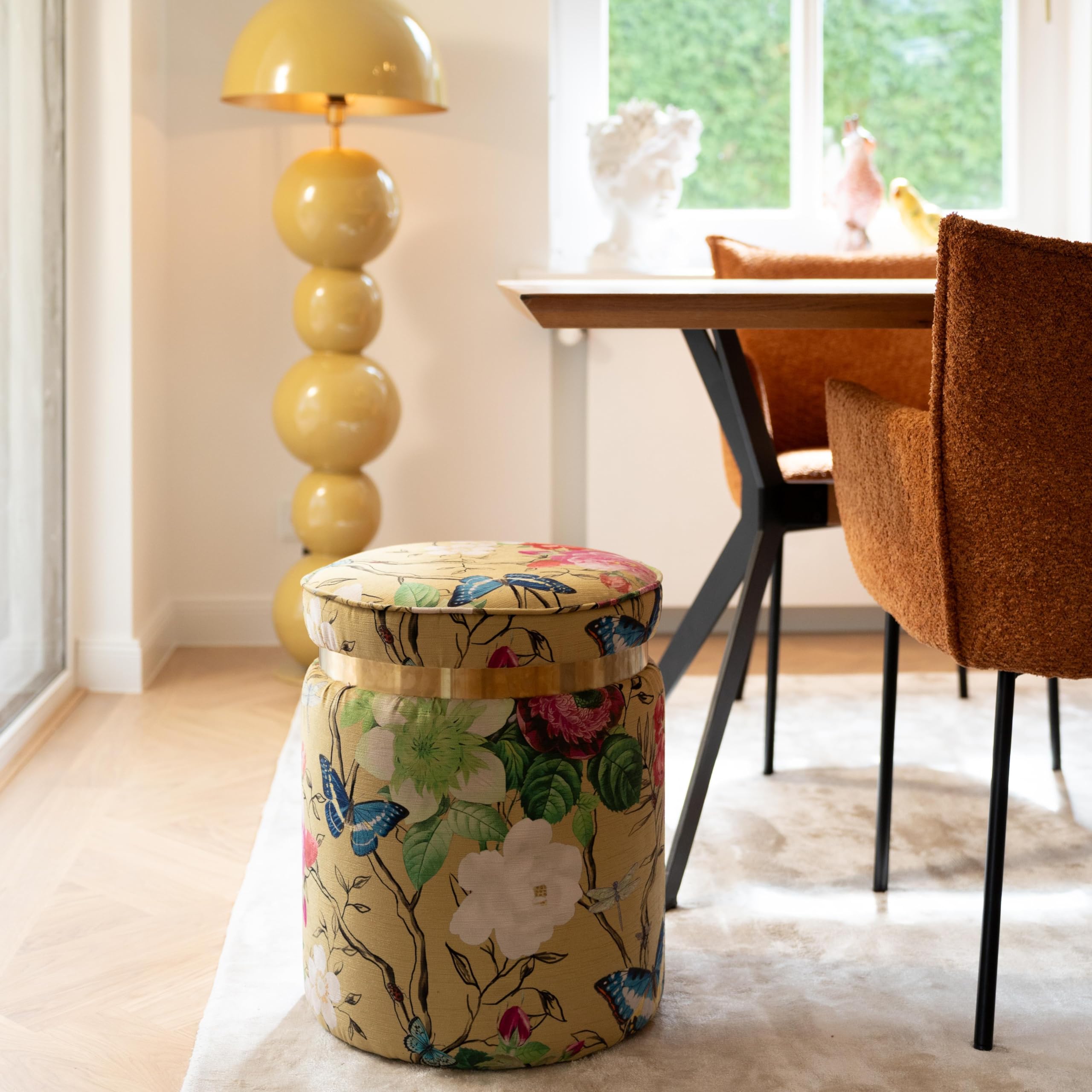 Kare Design sgabello Flower Fever, multicolore, sfondo giallo, rotondo, diametro 39cm, per divano, camera da letto, pouf, altezza seduta 47 cm