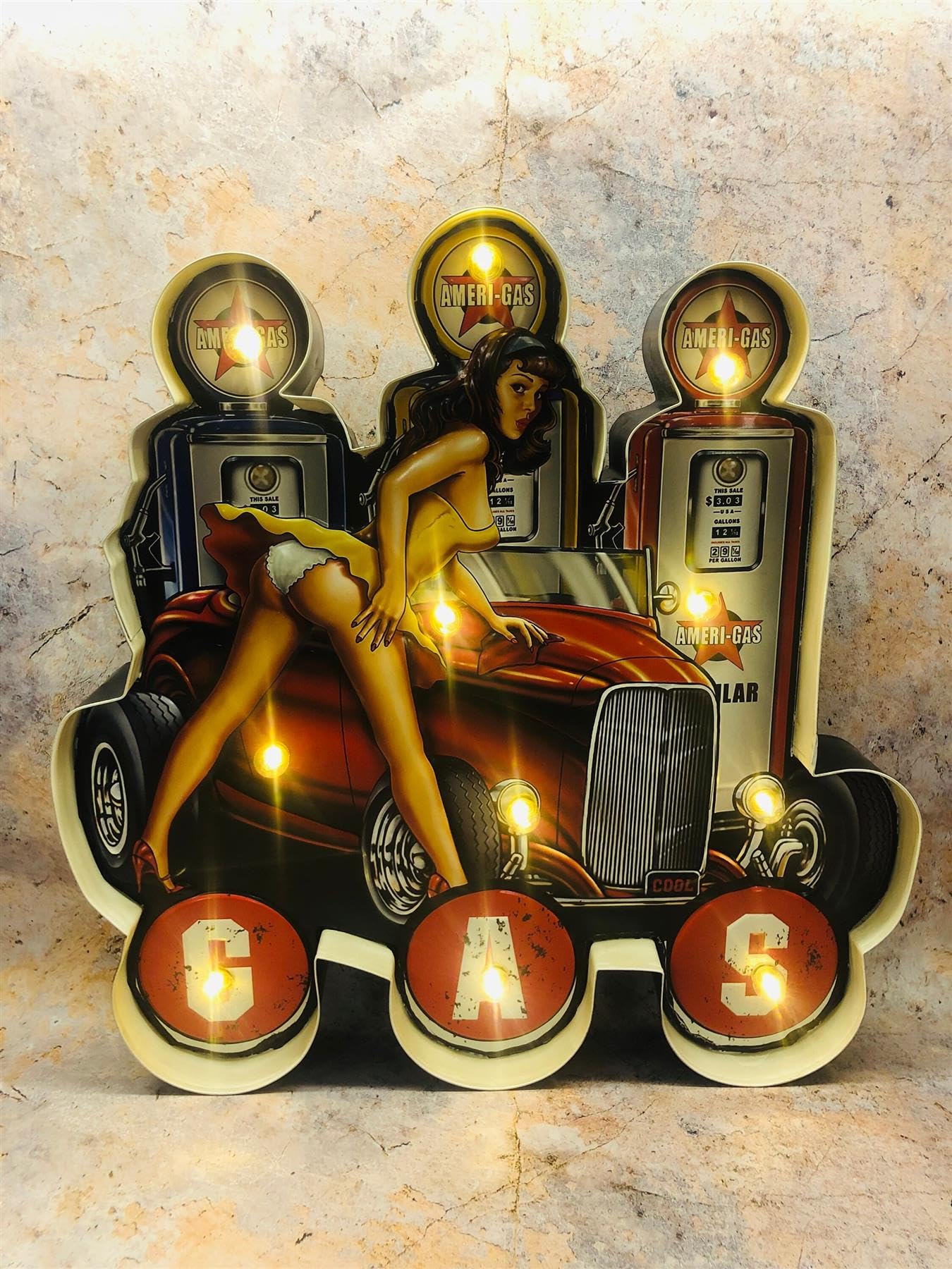 Targa da parete vintage in metallo 3D con logo a LED per grotta