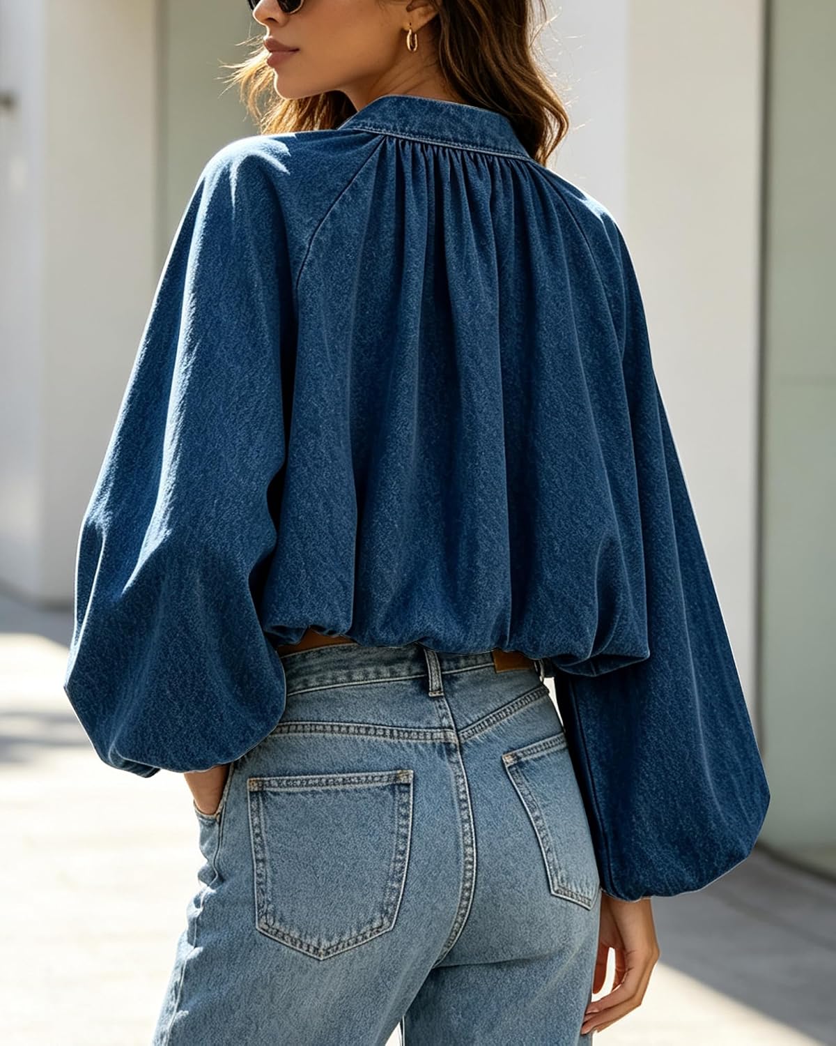 Women's Cropped Denim Jacket Puff Sleeve Zip Up Bomber Jean Jacket image 2