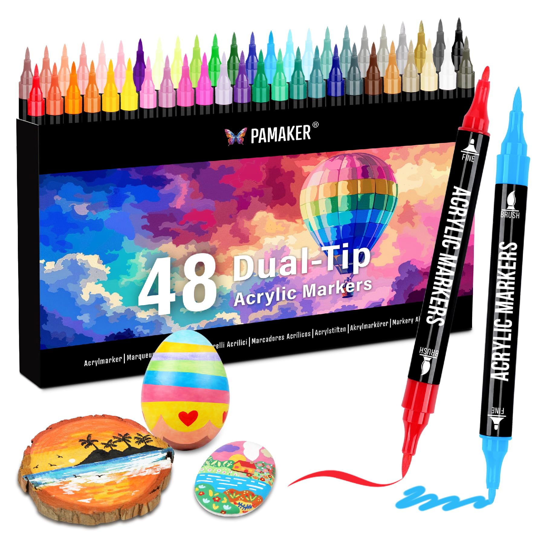 Pamaker 24-Farben Acrylfarbe Marker, Dual Tip mit feiner Spitze und Pinsel Spitze Stifte für Stein, Holz, Kalligraphie, Leinwand, Keramik, Metall, Glas, Rock Malerei, DIY Handwerk