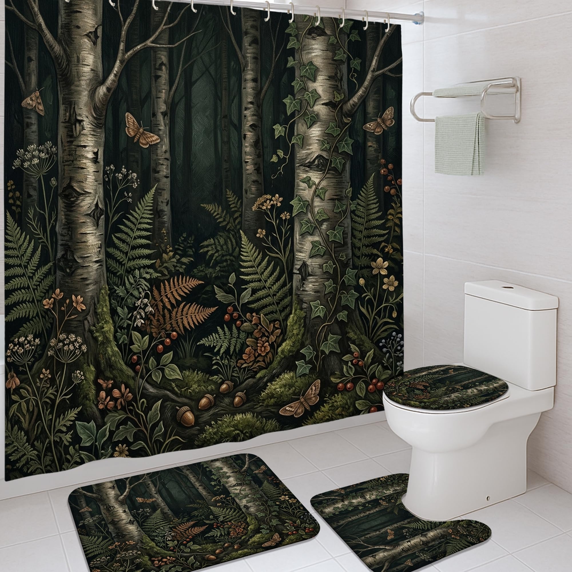 Ensemble rideau de douche fougères et tapis vert automne pour ambiance spa nature
