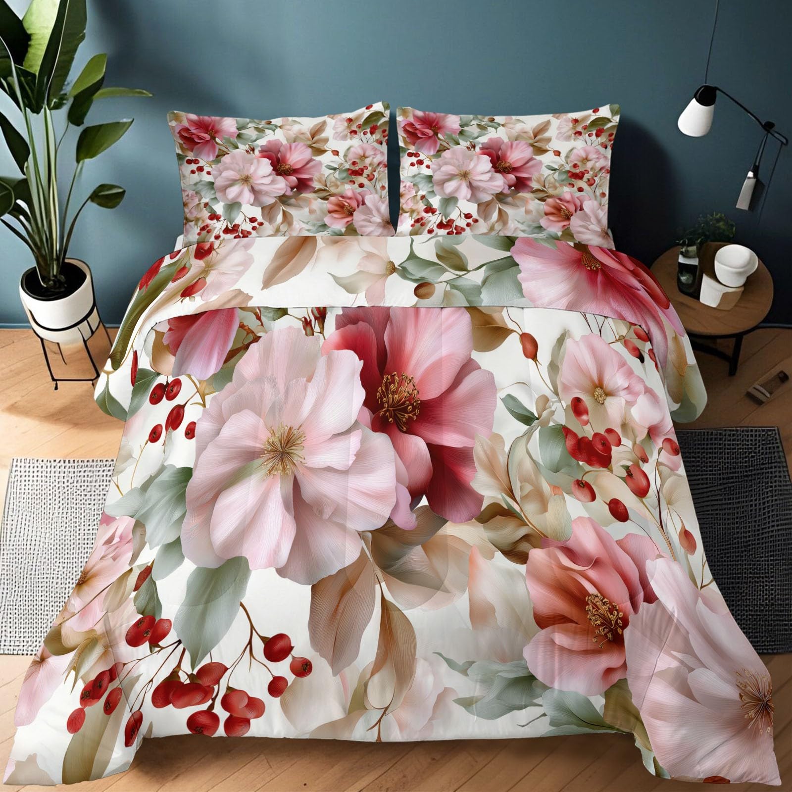 Bettdecke ohne Bezug 135x200cm, 4 Jahreszeiten Retro Pflanzen Blumen Beeren Steppdecke mit 2 Kissenbezug 80x80cm - Warme Weiche Atmungsaktive Schlafdecke Waschbar Ganzjahresdecke - Rosa