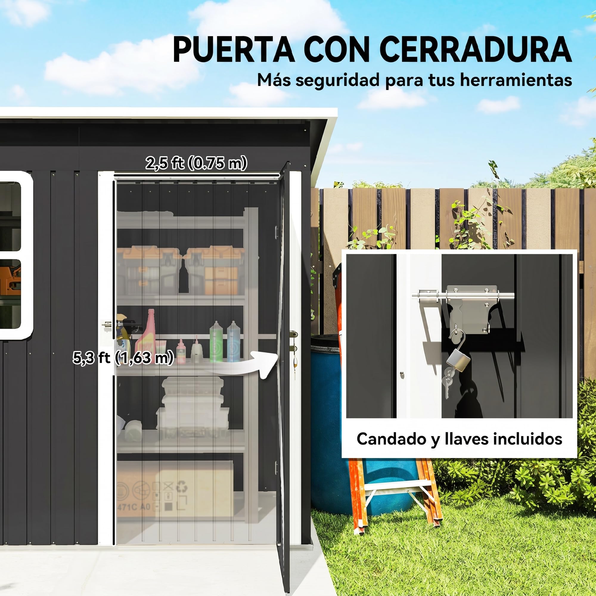 Outsunny Caseta de Jardín Exterior 2,55 m² 221x133x190 cm Gris Oscuro | Cobertizo de Jardín Metálico, Ventana, Puerta con Cerradura y Ventilaciones, para Almacenamiento de Herramientas