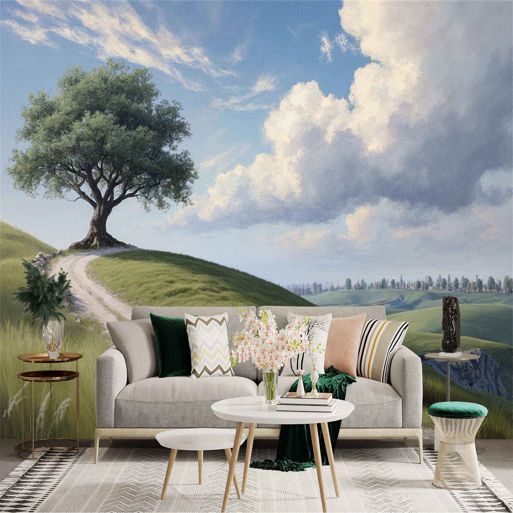 Lnzczhyre Xc260505263 Custom Size Wall Sticker Mural， Lone Tree On Hillside， Winding Rural Path， Scenic Countryside Landscape， Rolling Green Meadows， For Wall Decoration， Peelandstick Wall Decals.