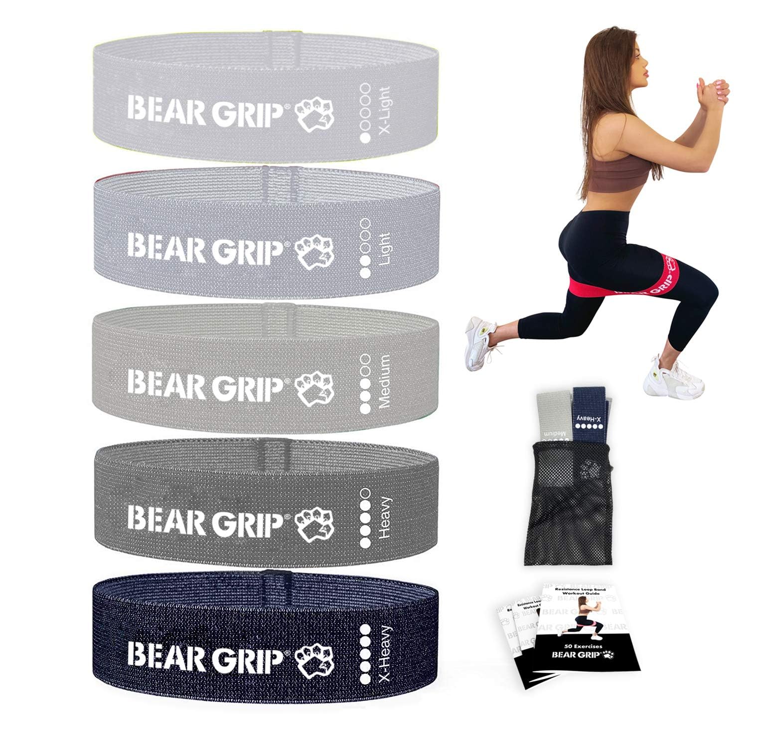 BEAR GRIP Fabric Resistance Bands for Working Out, Color-Coded Booty & Stretch Bands for Exercise Legs, Glutes, Squats