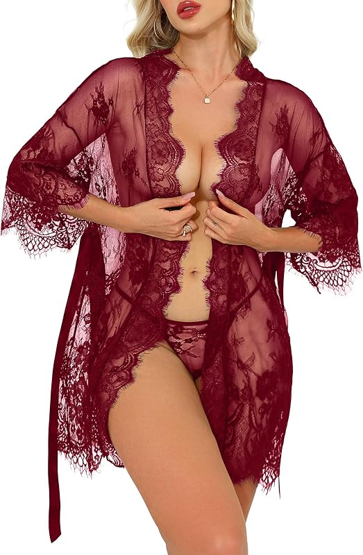 Rigeri Sexy Lingerie for Women Lace Kimono Robe Mesh Chemise Nightgown Lace Robe XS-4XL