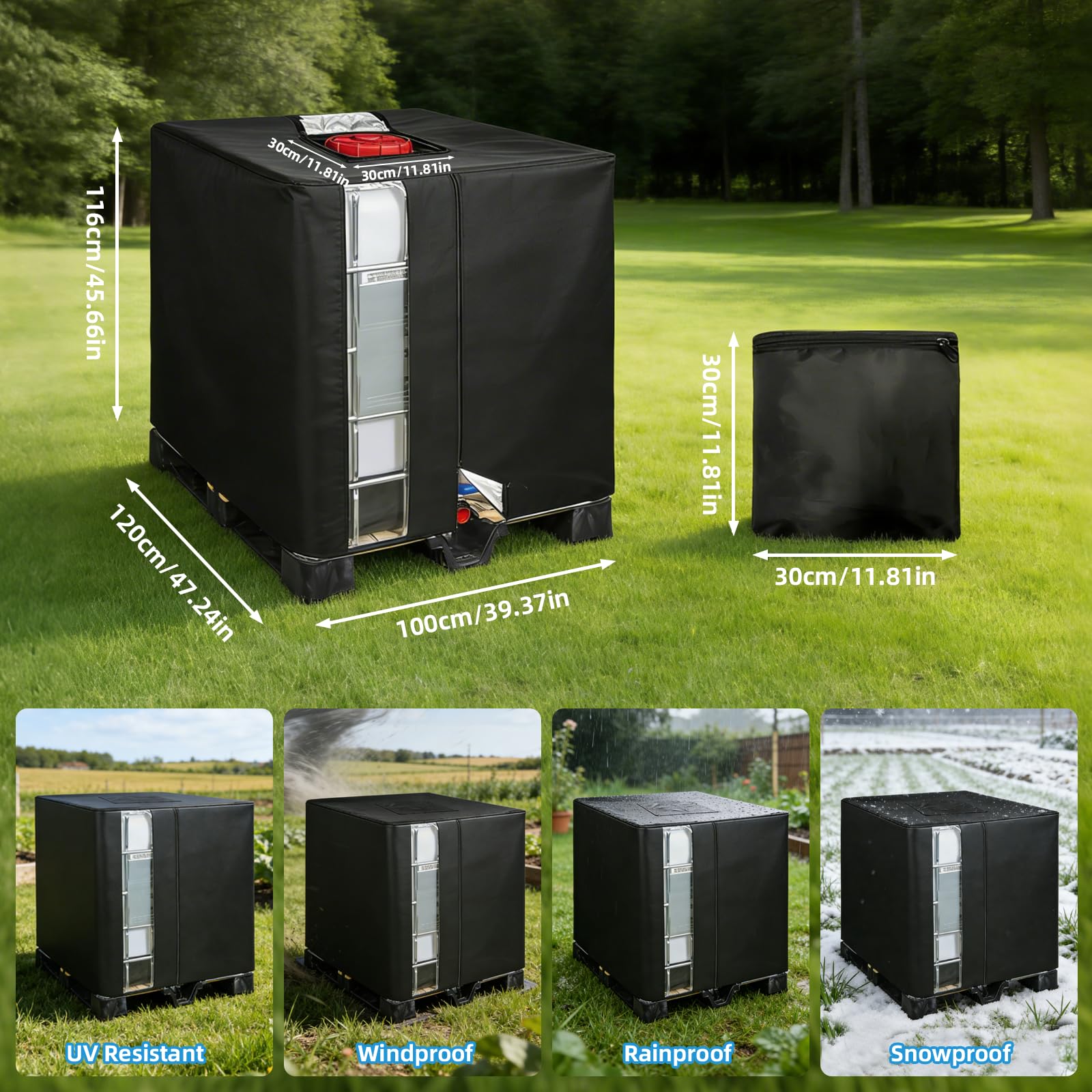 Bache pour Cuve 1000L IBC Anti UV Noir 420D, 120x100x116 cm Housse de Protection pour Cuve 1000L Conteneur IBC, Bâche de Réservoir Cuve d'eau 1000L Couvercle avec Fermeture Éclair
