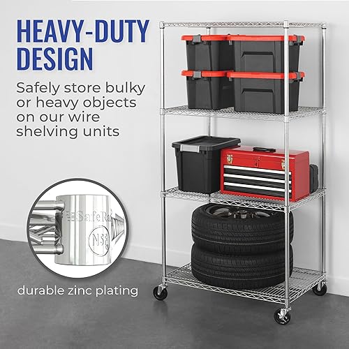 Miniatura 5 de SafeRacks Estante de alambre de 4 niveles  Almacenamiento de acero certificado NSF  Estantes y pies ajustables  Solución versátil de estanterías de