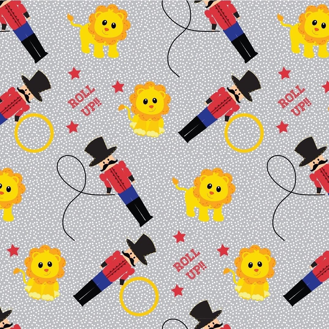 Yellow Grey Ringmaster Lions - 1 Fat Quarter (48cm x 55cm) 100% Cotton Quilting Fabrics Circus Tent Material Animals Ringmaster Buntings Patchwork Kids Bedding Elephants Lion Star Fabric Dress Making