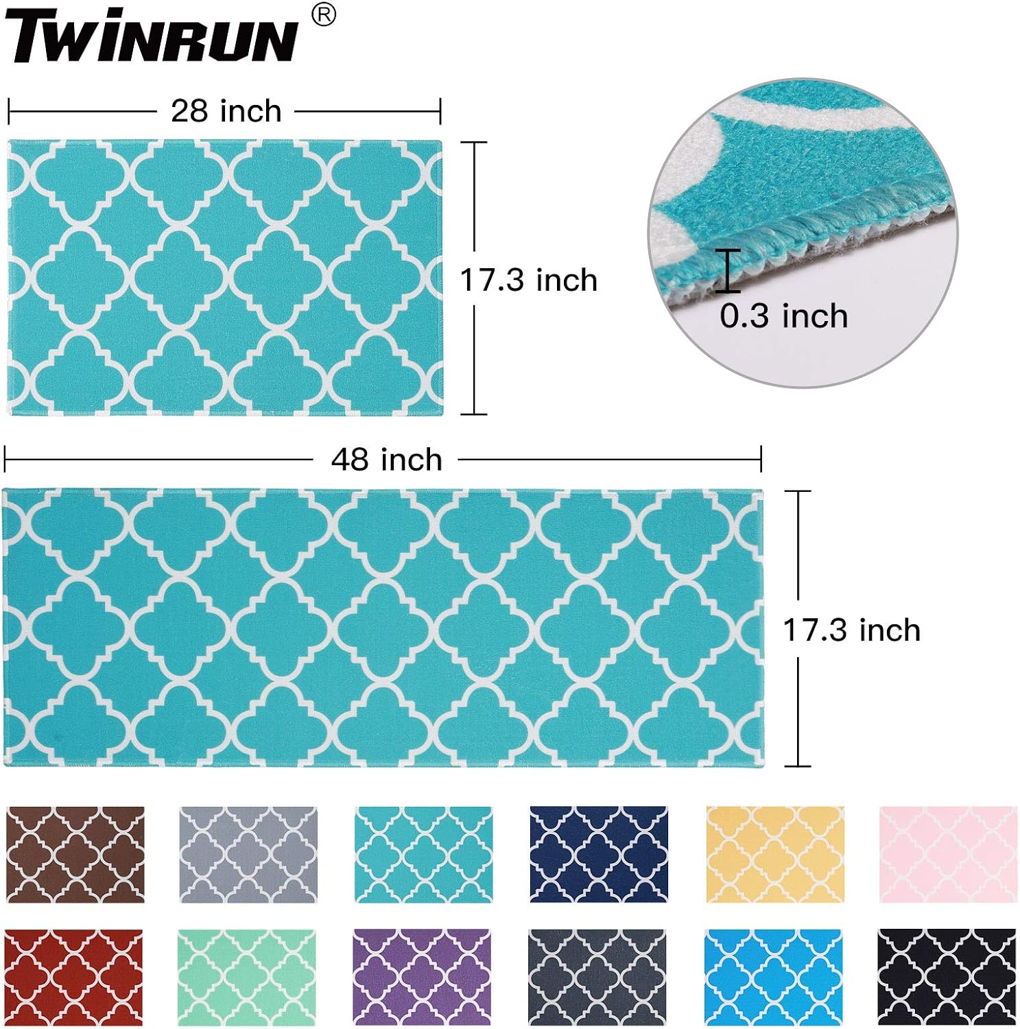 TWINRUN Kitchen Rug Sets,Non Slip Kitchen Mats for Floor,Runner Carpet Set for Dining Room,Morocco Pattern, Green