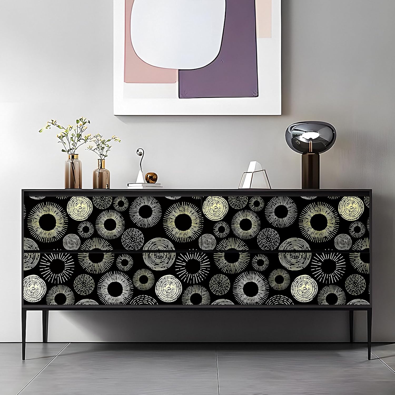 ReWallpaper 17.5inX23ft Modern Geometric Peel and Stick Wallpaper Black and Gold Wall Paper for Bedroom Removable Art Deco Wallpaper Black Gold Sunburst Tree Ring Self Adhesive Wall Covering for Walls