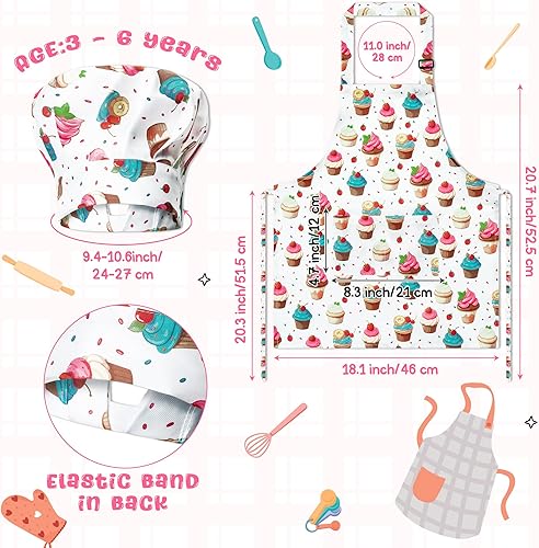 Miniatura 2 de GROBRO7 Juego de 8 delantales y sombrero de chef para niños, regalo para niñas, niños, fresa, magdalenas, animales, delantales de cocina ajustables,