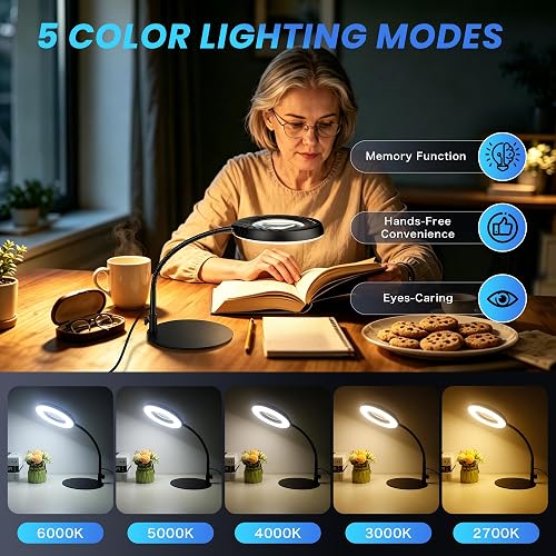Akynite 12X Lampe Loupe avec Lumière et Support, 2A Adaptateur inclus, 5 Couleur 9 Luminosité, Loupe Lampe à 144 Led avec Pince et Bras pour Couture Lecture Bricolage Creation de Bijoux, Noire - 6