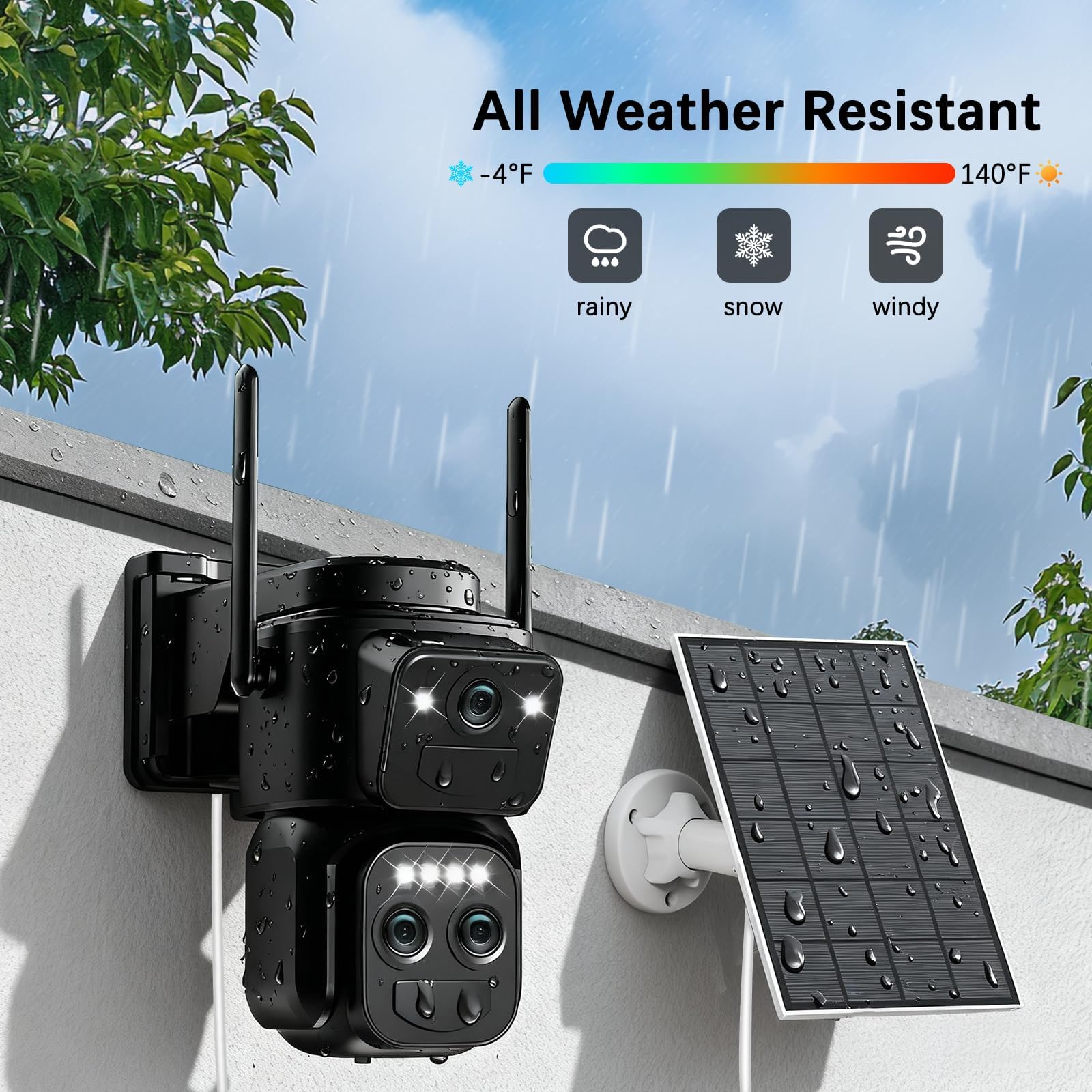 Cámara de vigilancia WiFi exterior inalámbrica 4K, triple objetivo 10X, cámara exterior solar con panel, detección humana PIR, visión nocturna, audio bidireccional, seguimiento automático, IP66, 2