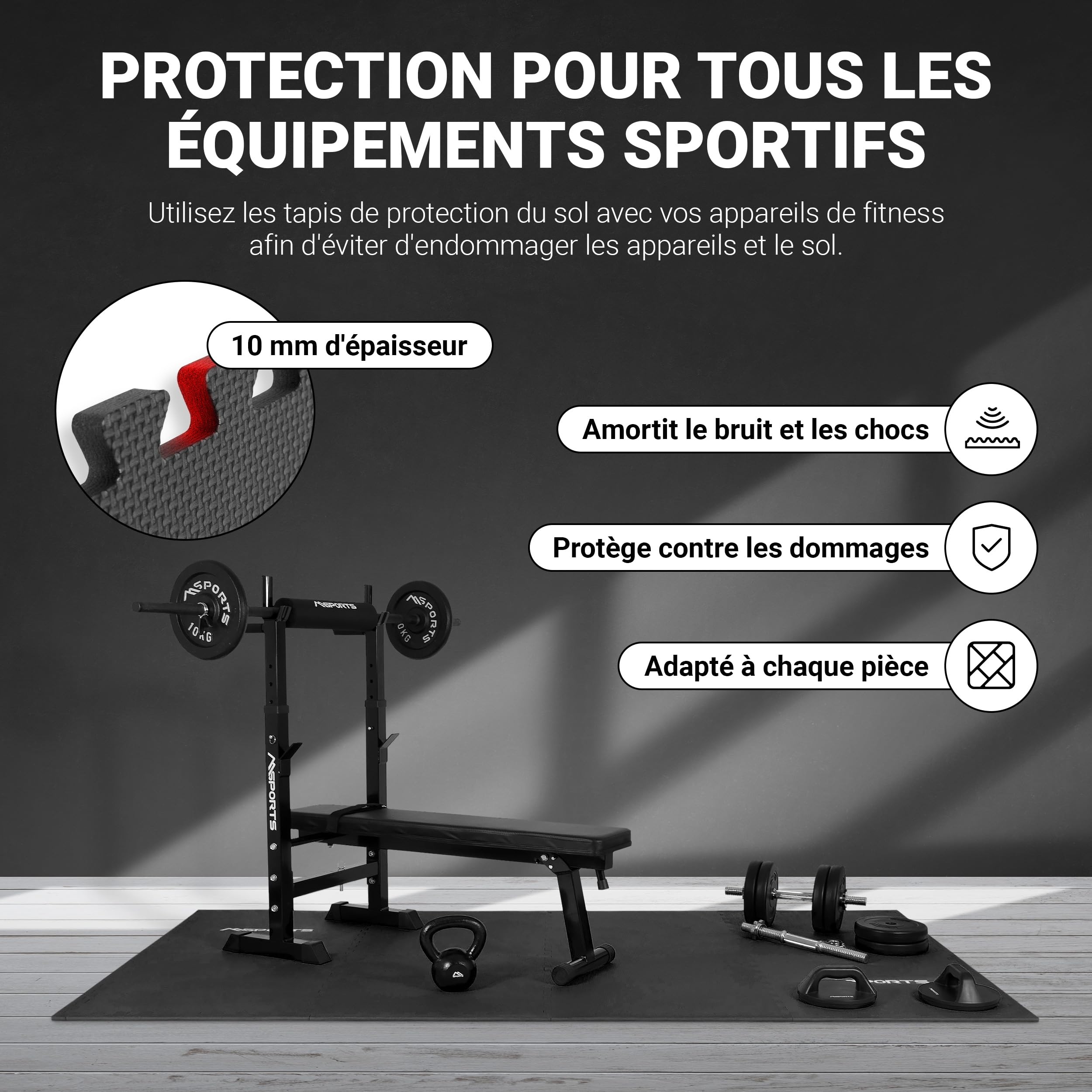 Set de tapis de protection de sol Premium – 8 tapis de protection de différentes couleurs 3,175 M² | Protection de sol 60 x 60 cm | Épaisseur  :1 cm | Tapis puzzle tapis de gymnastique, Noir