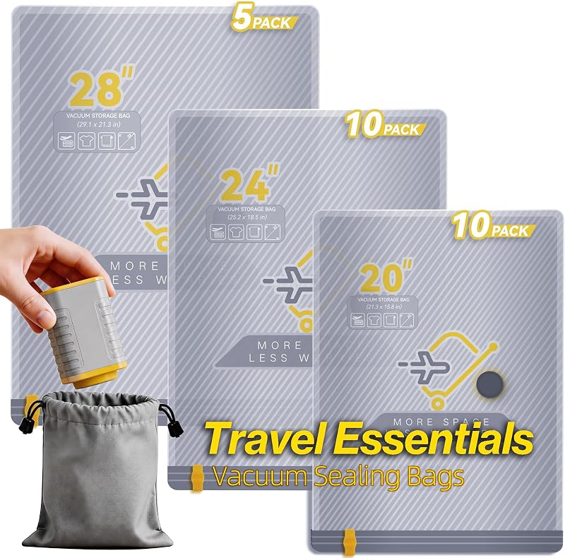 Paquete de 25 bolsas de aspiradora para viajes con bomba recargable inalámbrica | Bolsas de embalaje de compresión de tamaño de mano para equipaje y valija, ahorro de espacio para ropa y almacenamiento estacional en el hogar, aspiradora 3S