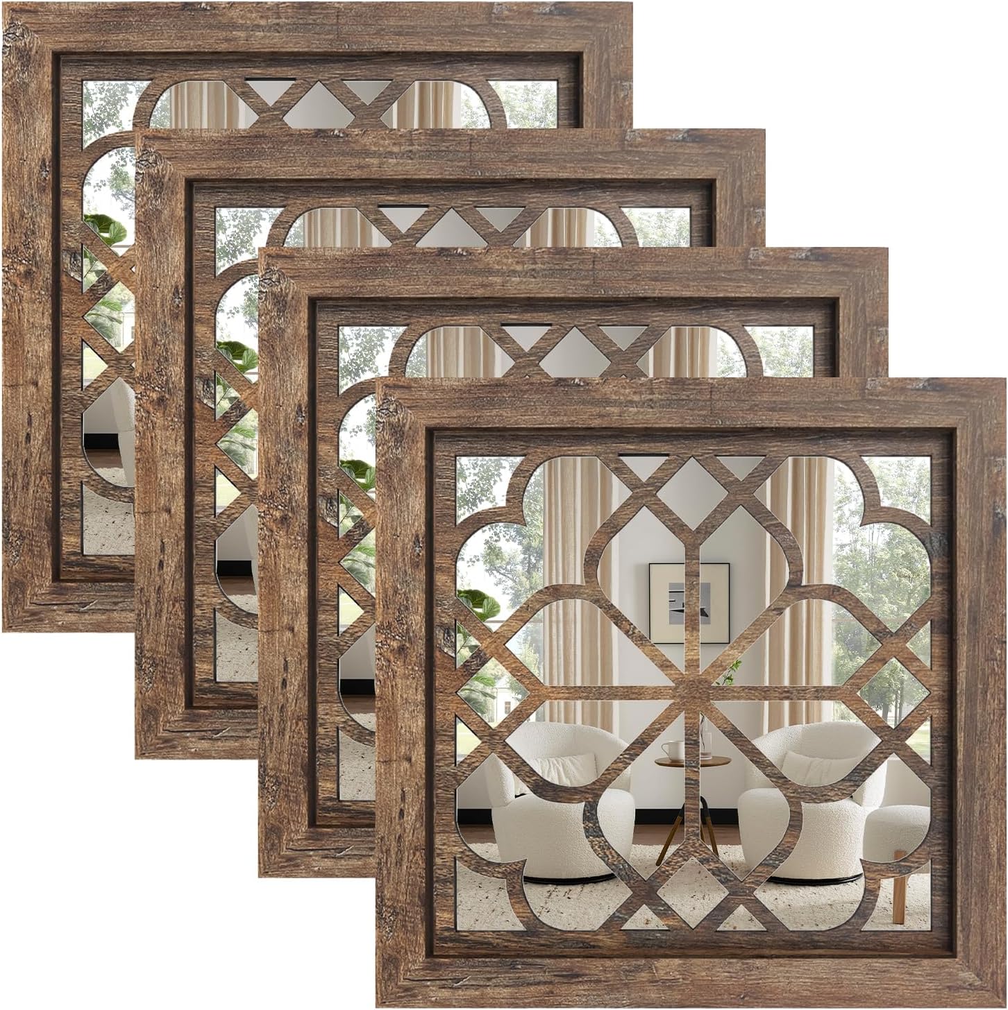 Set of 4 Boho Wall Mirrors with Carved Floral Design, 12x12 Inch Rustic Farmhouse Accent Mirrors, Vintage Style Shatterproof Square Mirror Decor for Living Room, Bedroom(Redbrown)