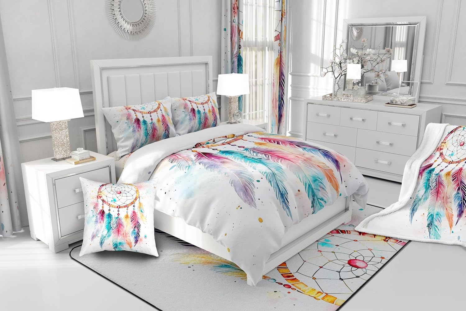 Feelyou Dreamcatcher Duvet Cover 100% Cotton Set Queen Boho Dream Catcher Bedding Bedding Set Bohemian Indian Hippie Feather Print Comforter Cover Set Splash Paint Bedspread Cover 3Pcs,No Comforter