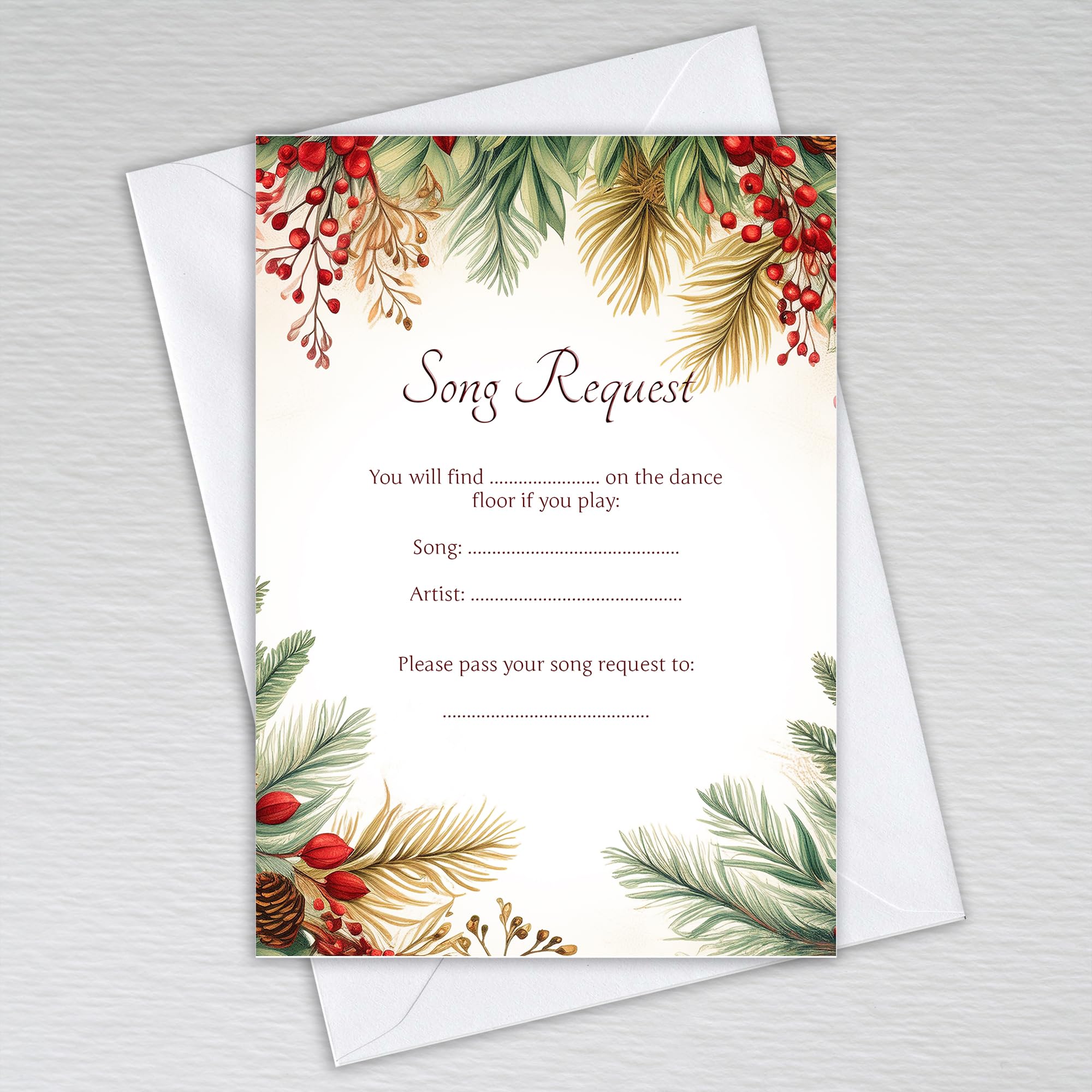 Webspectations Red Berry Christmas Song Request Cards with Envelopes for Weddings and Party Celebrations: Red Berry Winter DJ Song Request Cards (Pack of 20 with Envelopes)