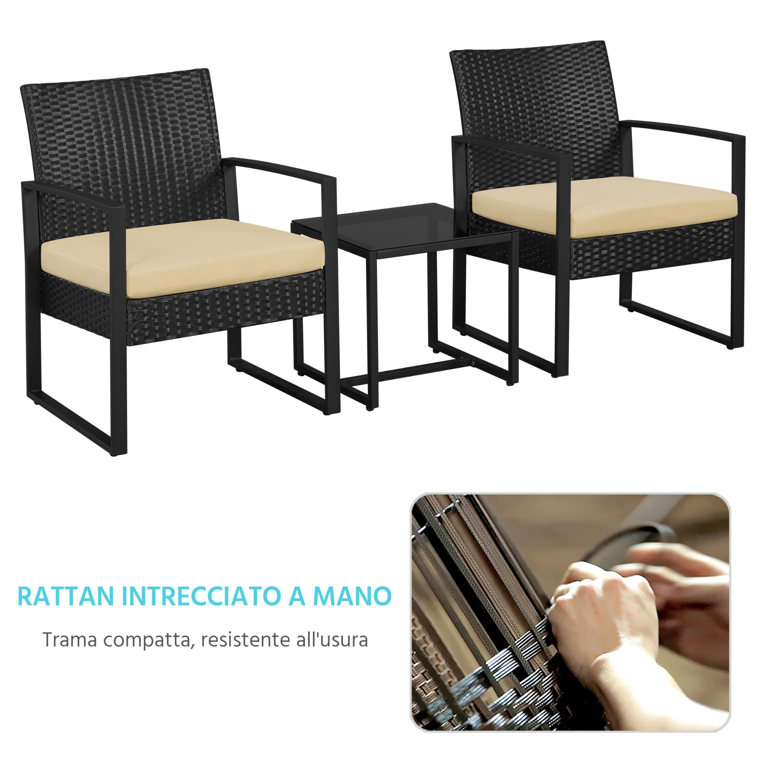 Yaheetech Set Mobili da Giardino in Poly Rattan 2 Sedie e Tavolino con Cuscini