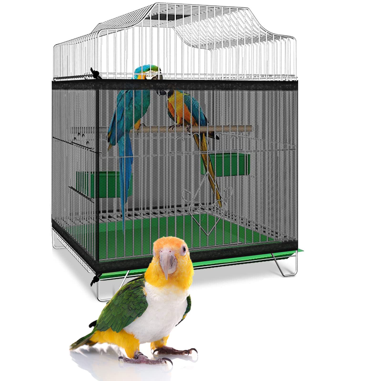 HBSTUDIO Adjustable Bird Cage Net Cover Birdcage Seed Feather Catcher Soft Skirt Guard Birdcage Nylon Mesh Netting for Parrot Parakeet Macaw Round Square Cages (Black, 150-220 x 37 cm)