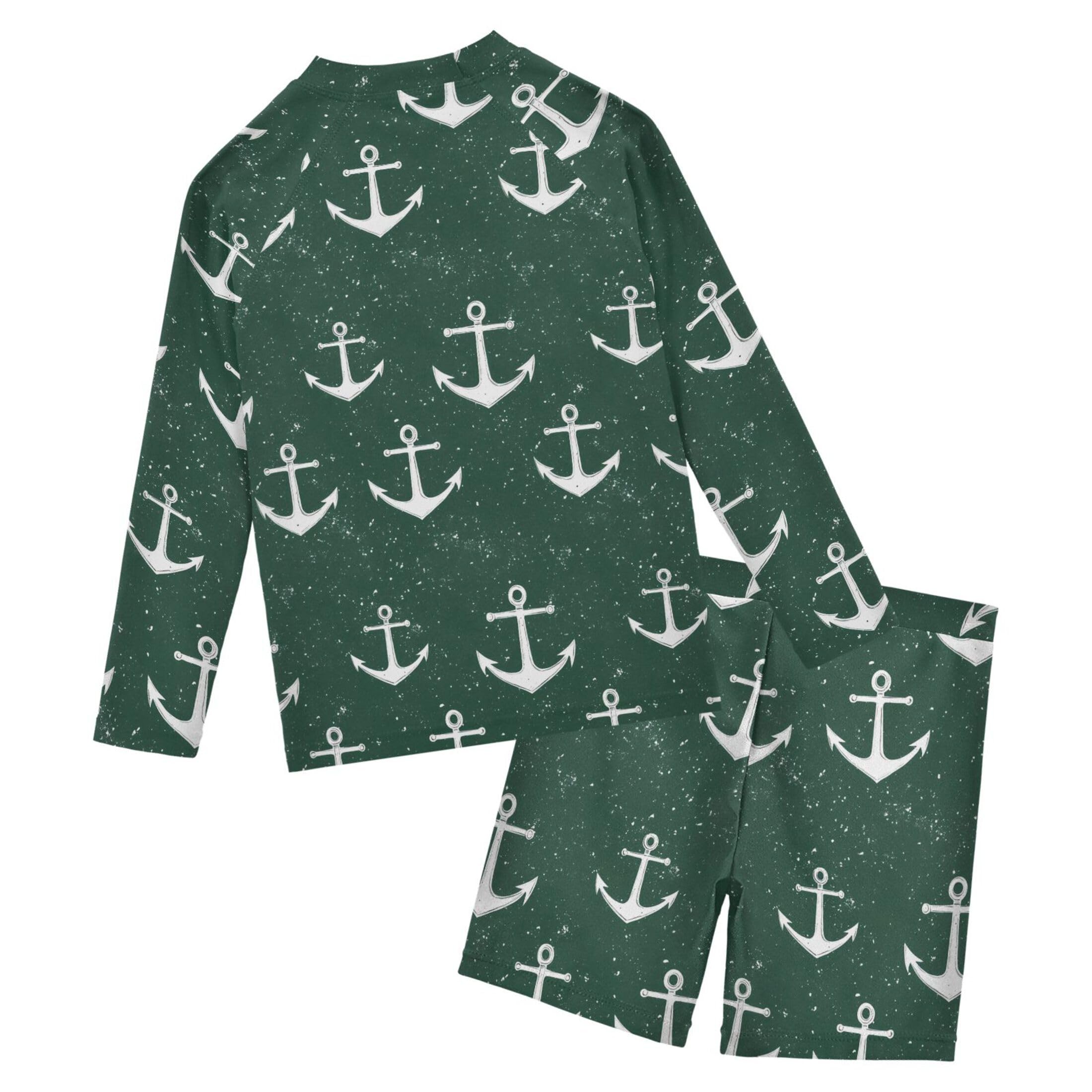 Green Anchor Boys Rash Guard Swimsuits Set for Boys Long Sleeve Swim Shirts Bathing Suits with Trunks B0404856