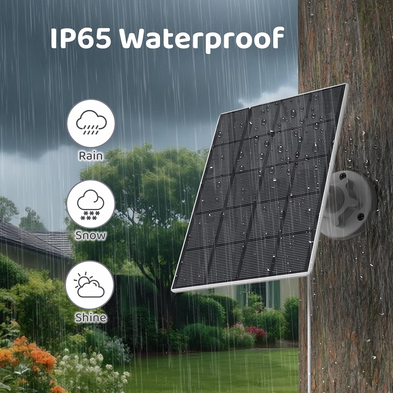 HIXX Solar Panel installed outdoors during rain, snow, and sunshine, illustrating its IP65 waterproof rating.